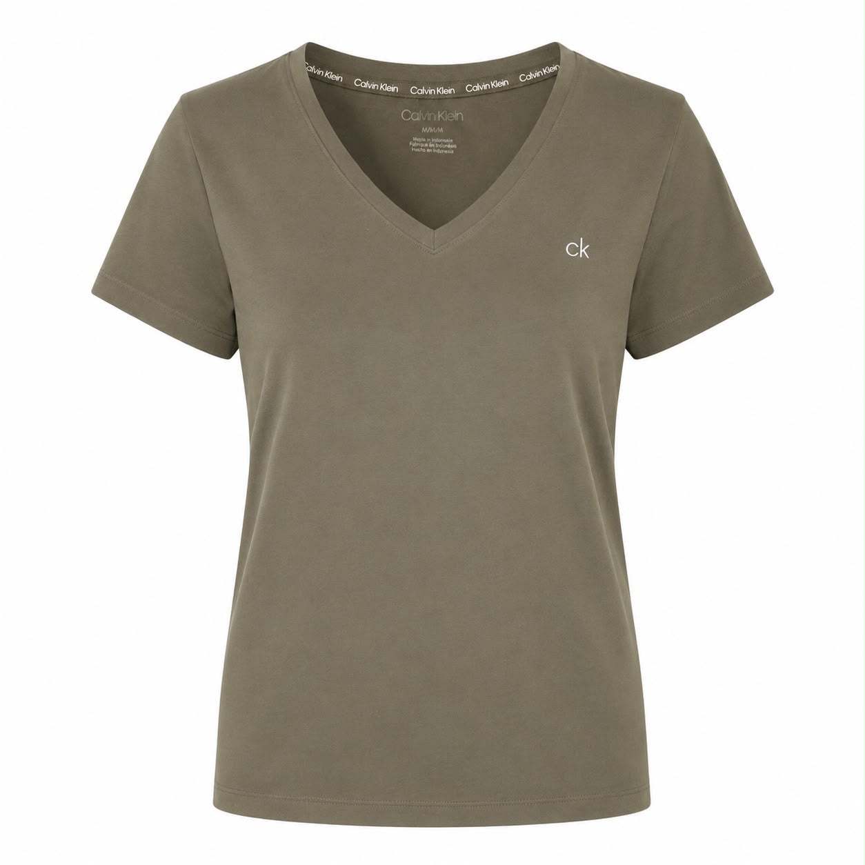 Calvin Klein olive green t-shirt presents a classic V-neck design Women’s