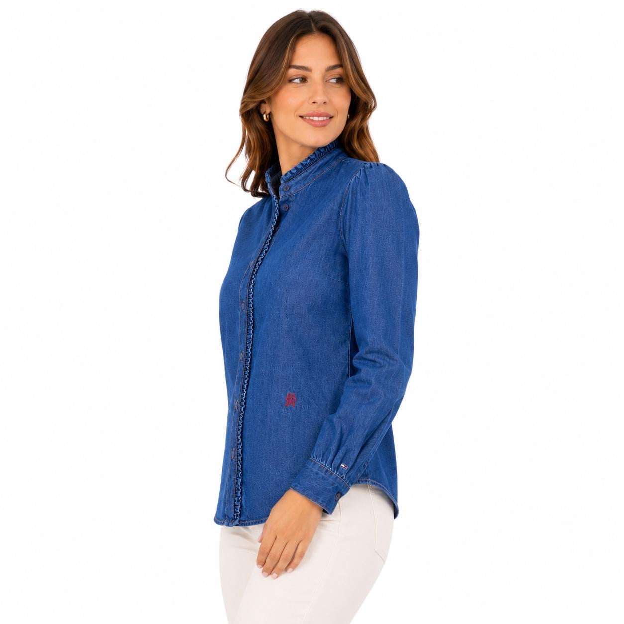 Tommy Hilfiger denim shirt stands out for its high collar with ruffles