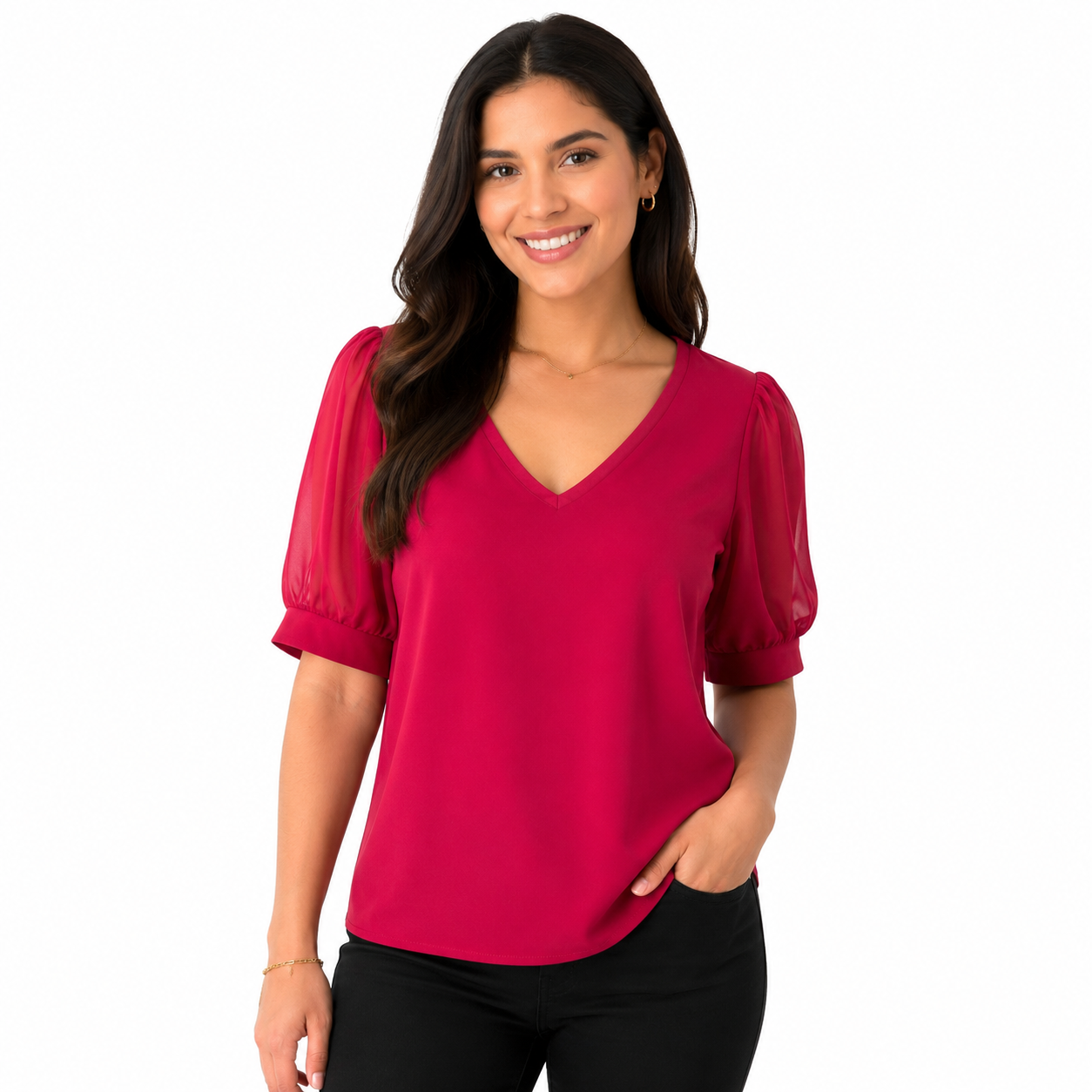 Calvin Klein Blouse With V-neck and transparent puff sleeves