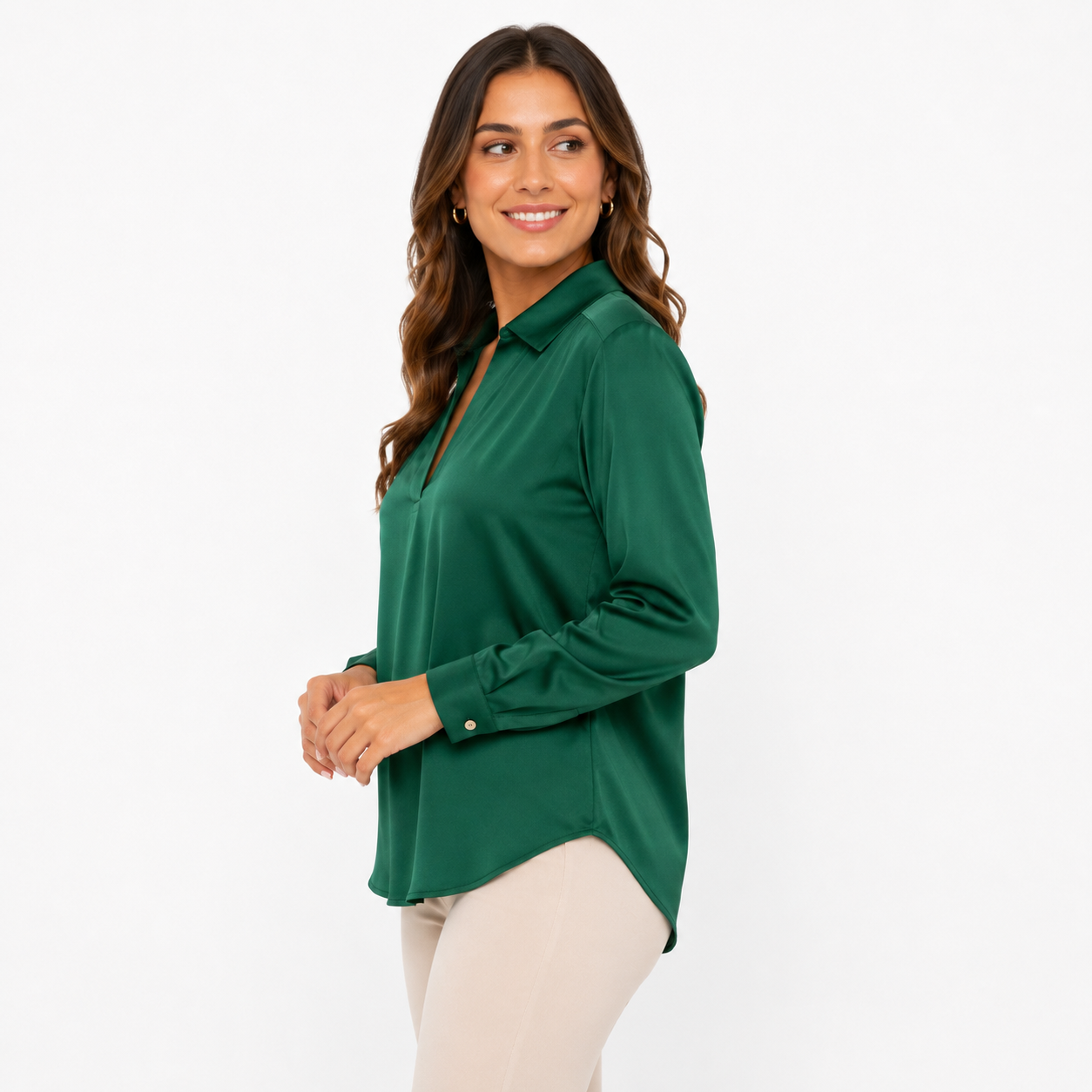 Jones New York Signature long-sleeve crepe popover blouse in emerald green