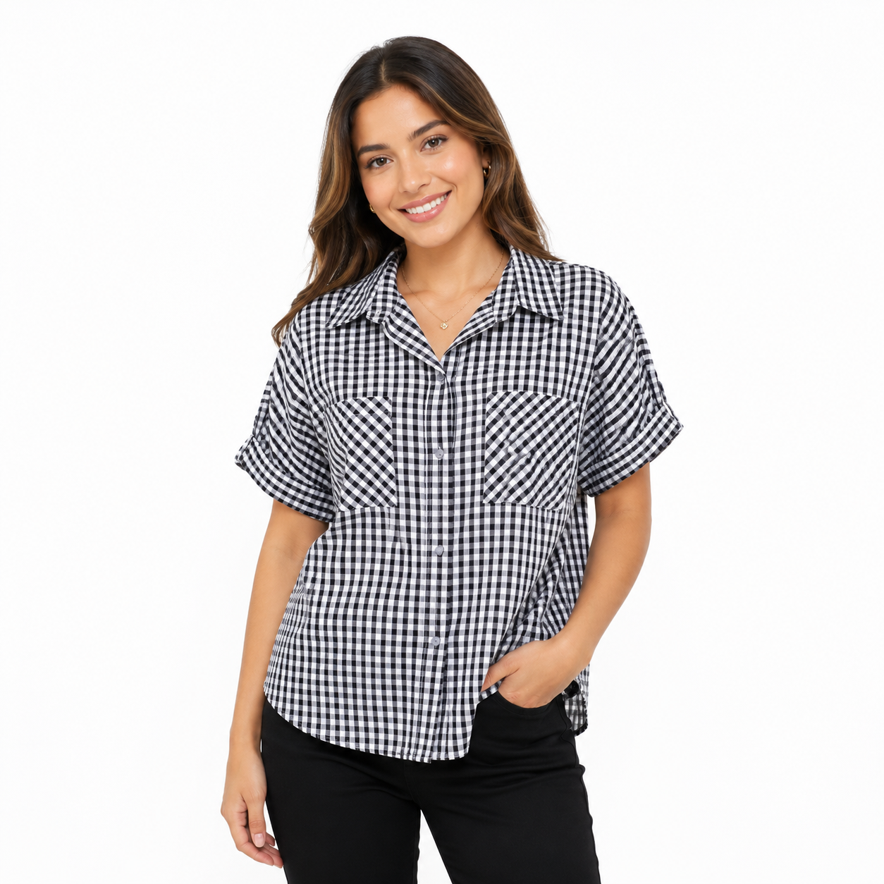 SIM &SAM-Casual shirt for women made of fabric with checkered pattern