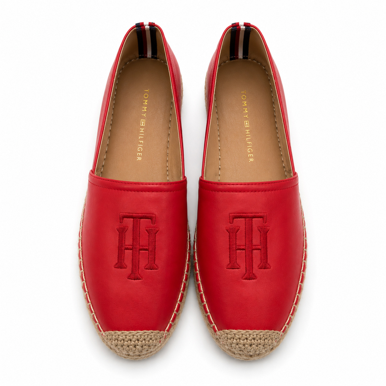 Tommy Hilfiger red espadrilles with the embroidered "TH" logo and a jute sole.