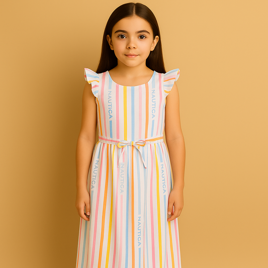 Nautica Girls' Printed Flutter Dress, Sleeveless with Ruffled Shoulders & Cinched Waist