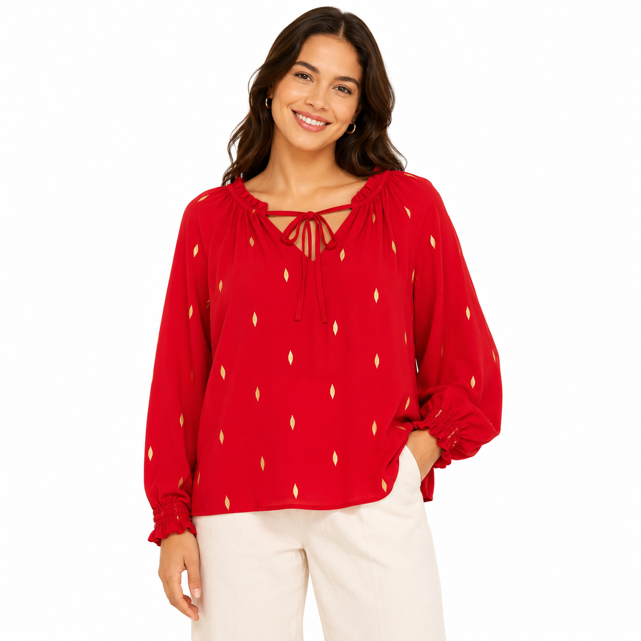Hope & Harlow Red long-sleeved blouse with V-neck and gold details