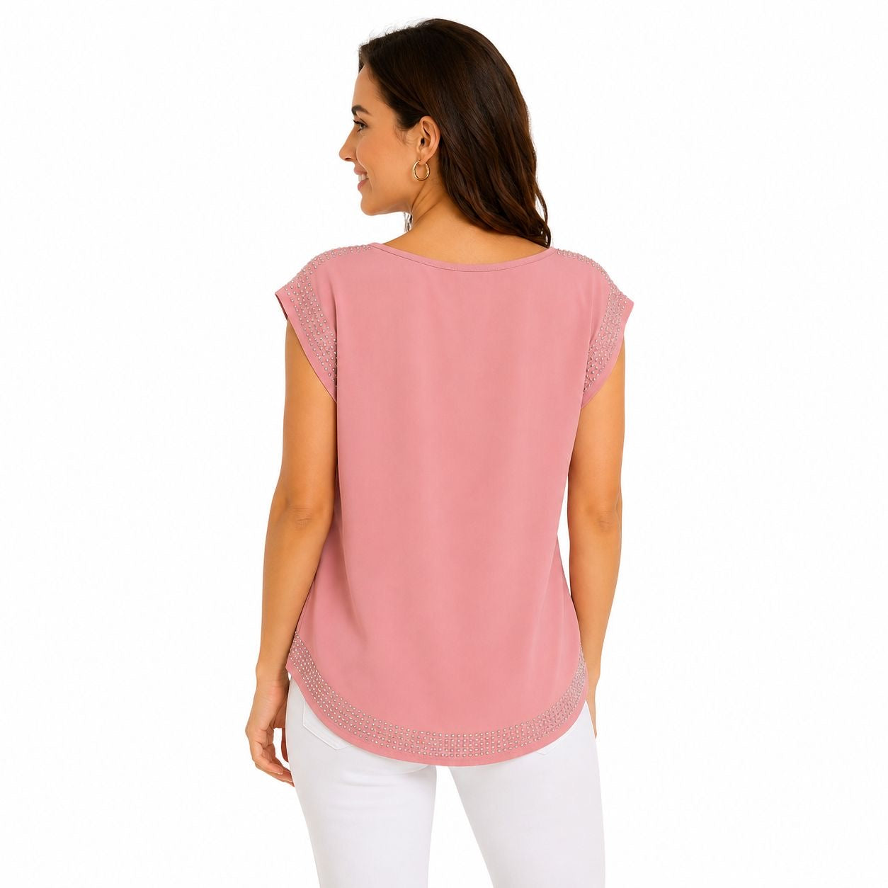 A'Gaci's pink blouse features subtle rhinestone details Women’s