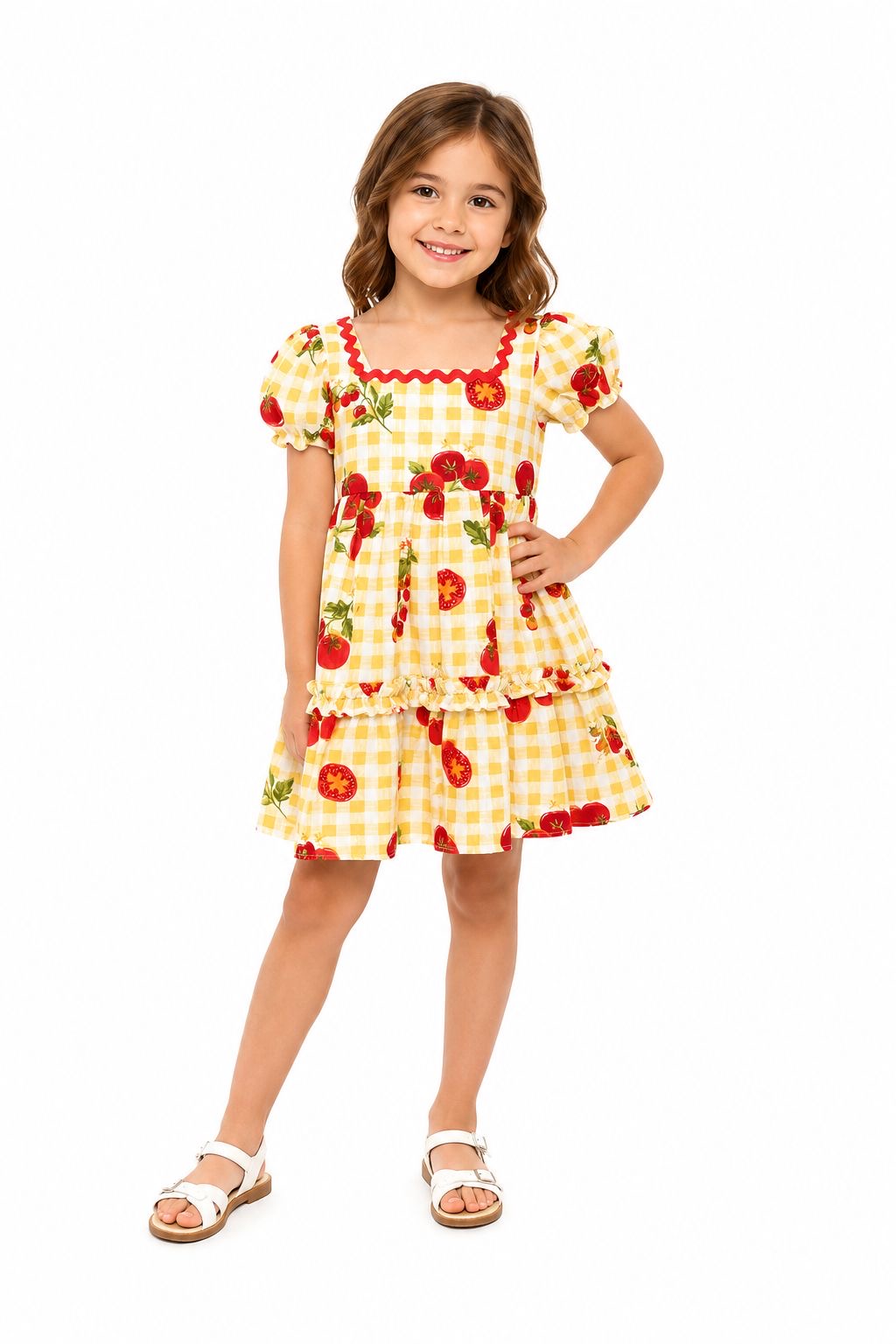 CYNTHIA ROWLEY-Children's dress with tomato print and gingham pattern