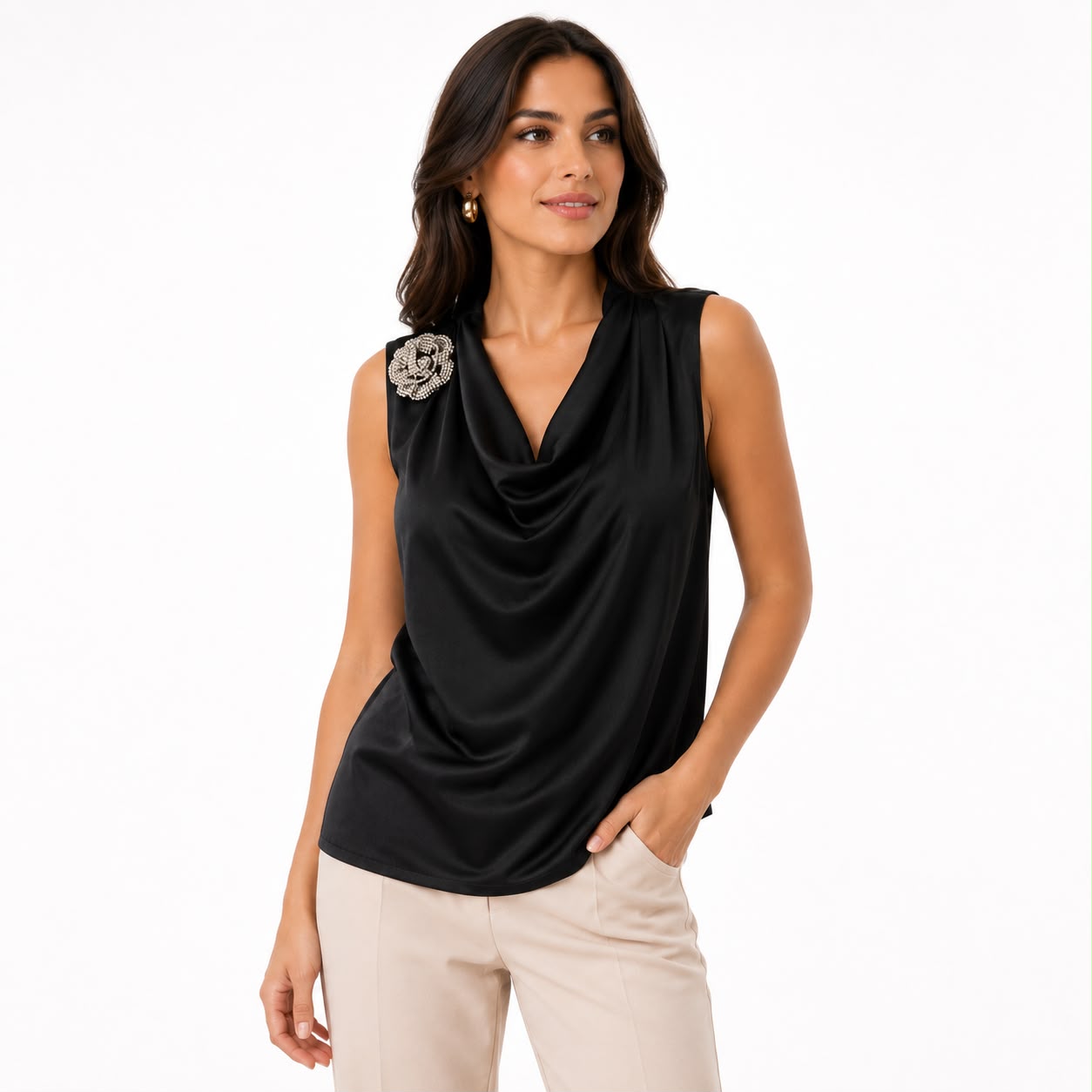 Joie Sleeveless blouse In black with a flowing draped collar