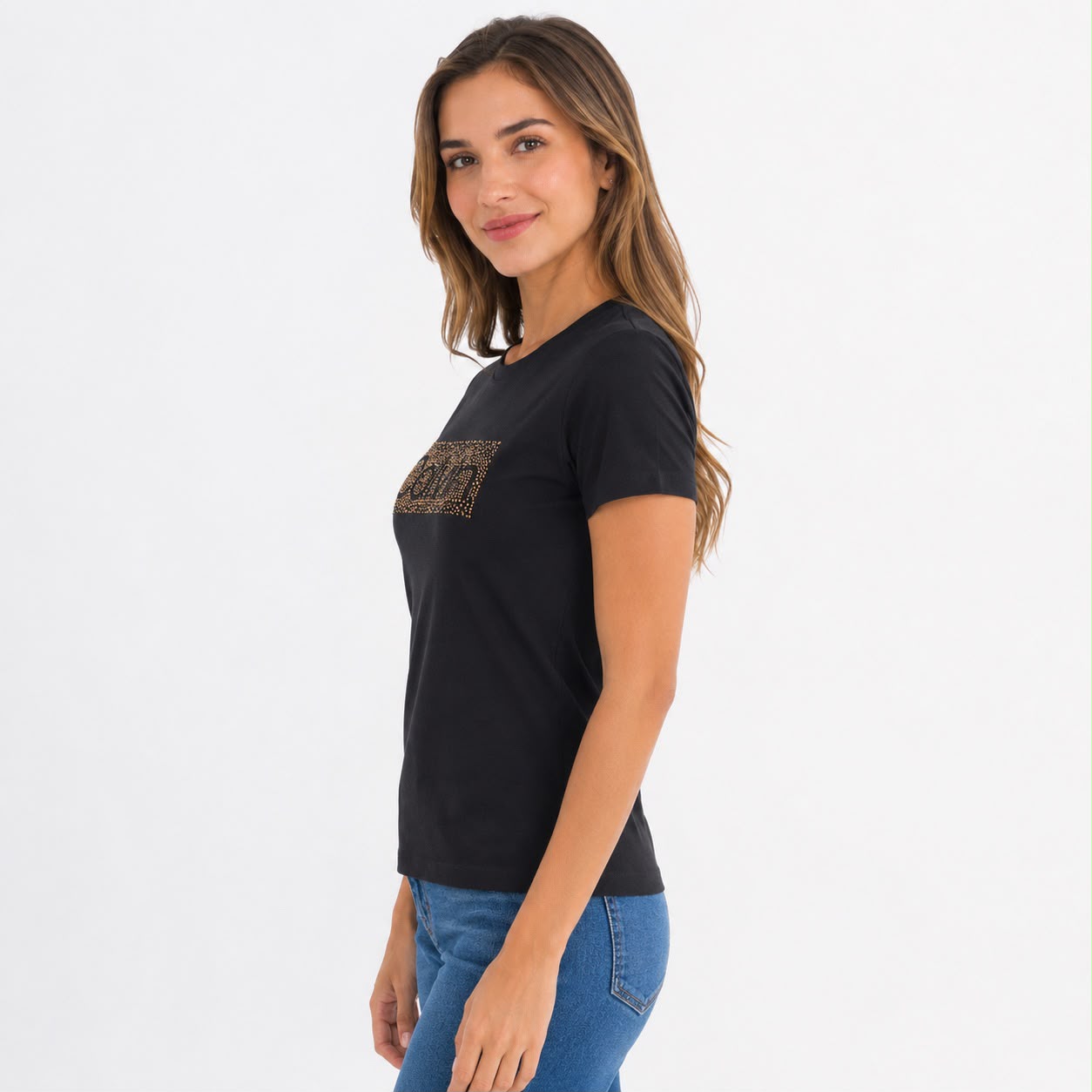 Calvin Klein black t-shirt features a front logo highlighted by bright details
