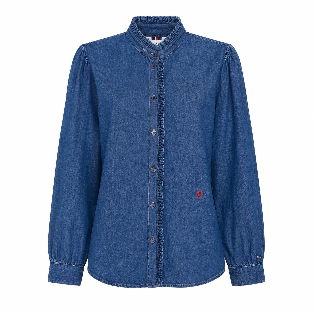 Tommy Hilfiger denim shirt stands out for its high collar with ruffles