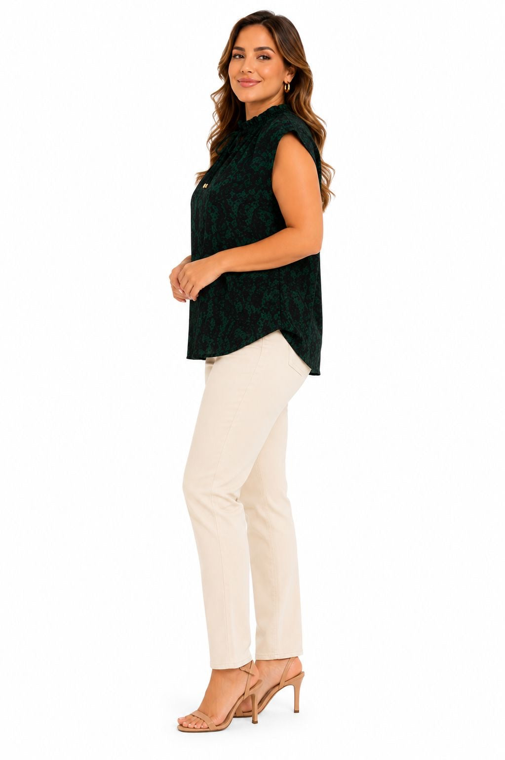 Michael Kors sleeveless blouse in dark emerald green with a lace print