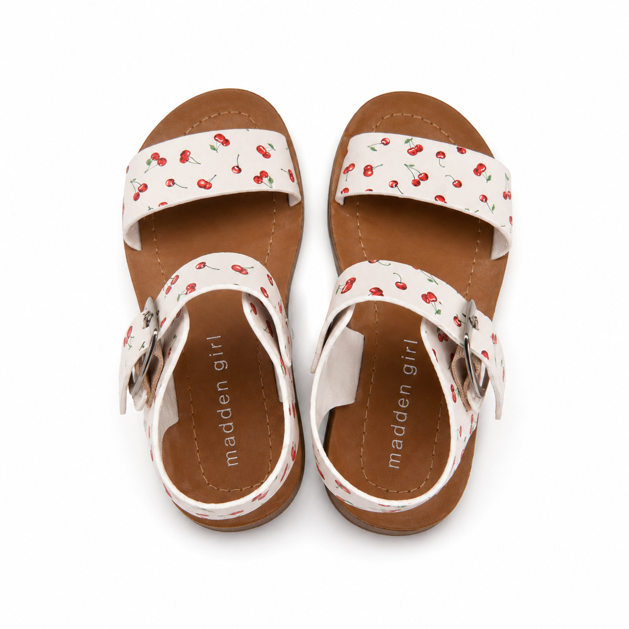 Madden Girl white cherry print sandals and adjustable ankle straps