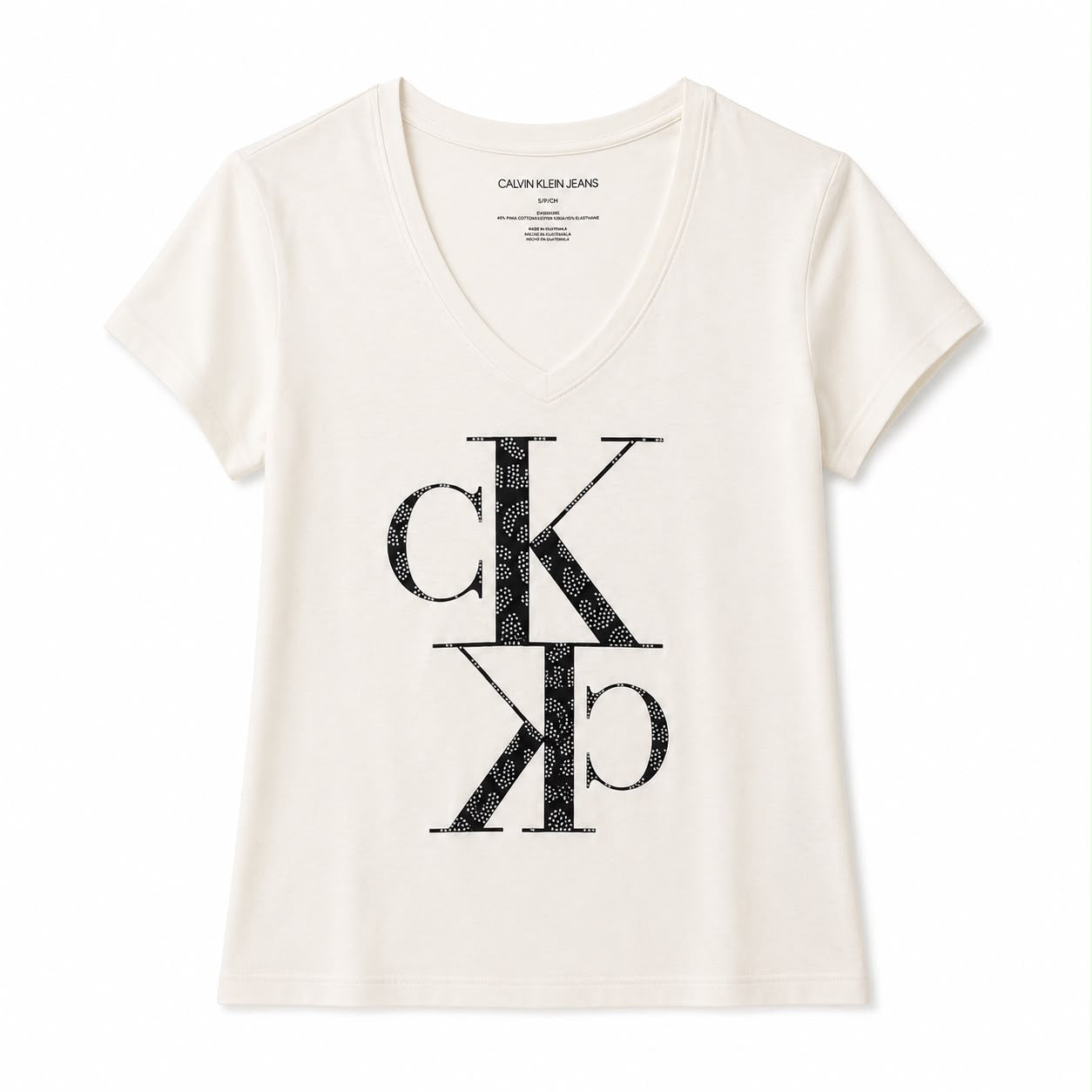 Calvin Klein Women's Studded Animal Mirror Monogram Logo V-Neck TShirt