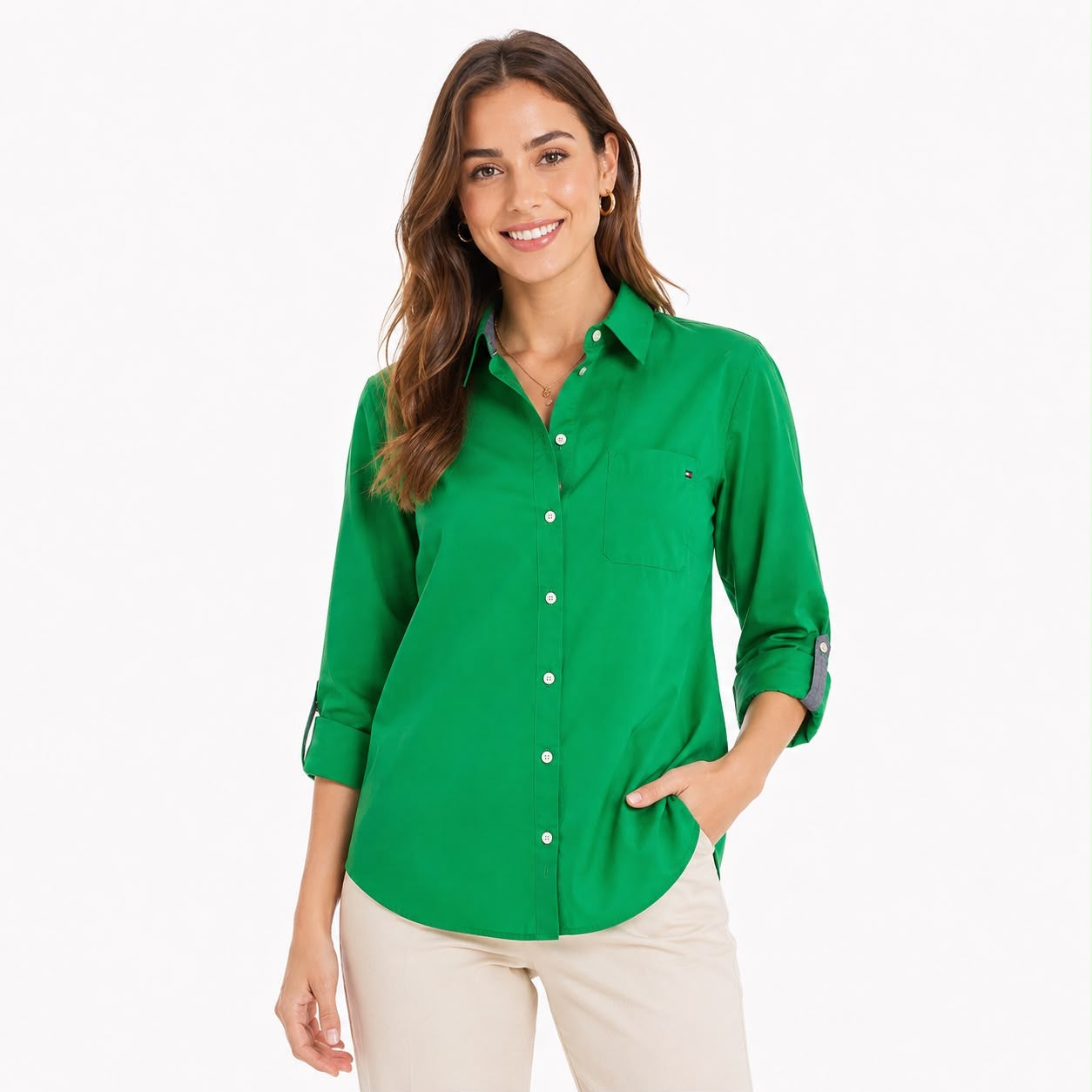 Tommy Hilfiger Women's Cotton Roll-Tab Button-Up Shirt