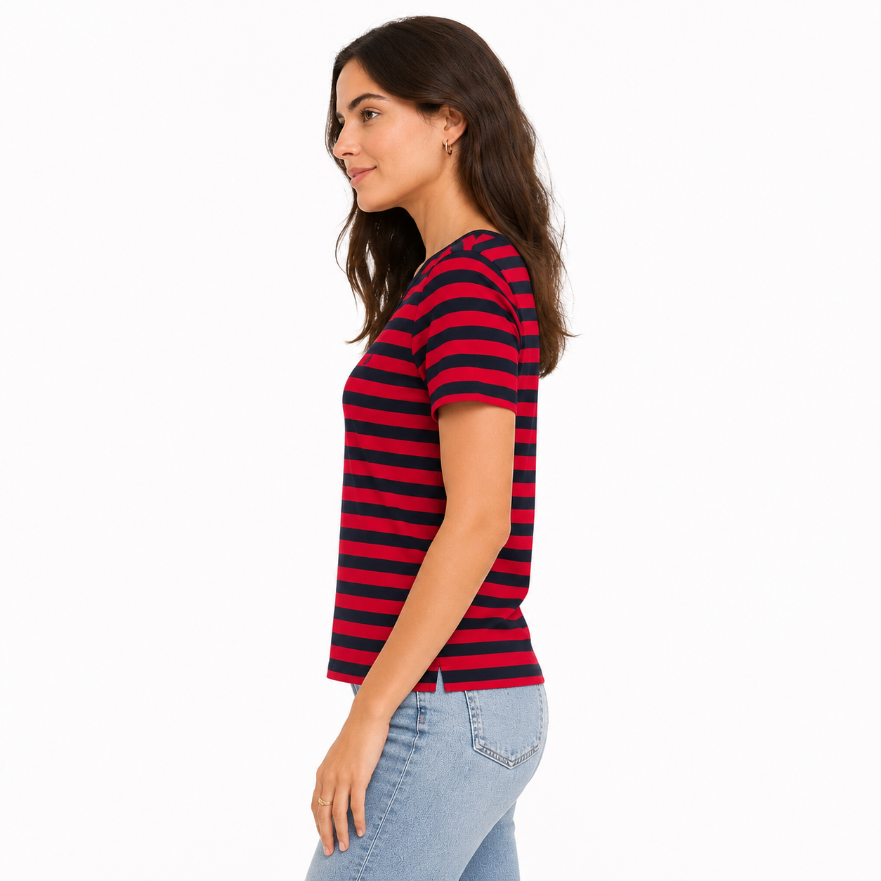 Nautica women's t-shirt features a red and navy blue striped design
