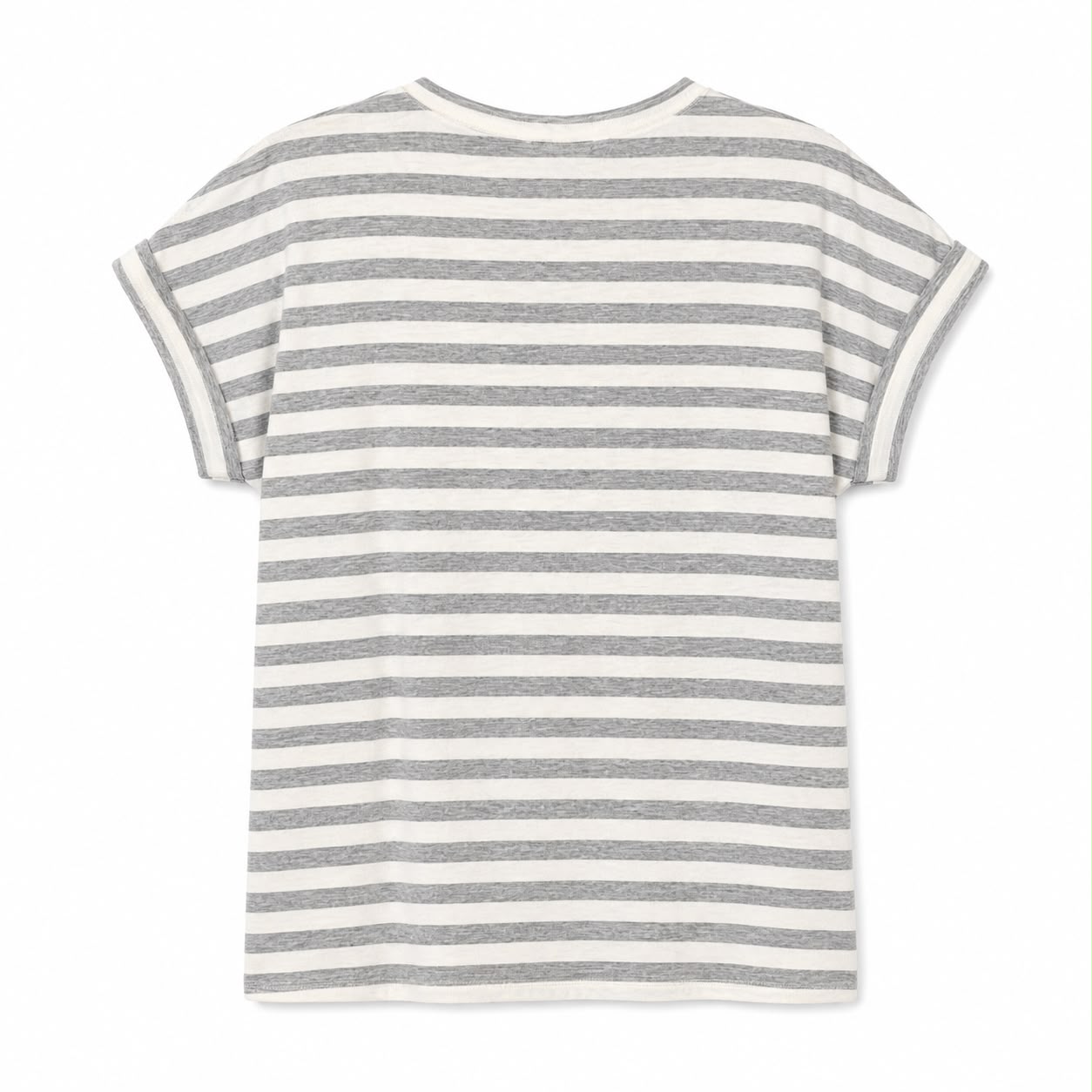 Notations brand t-shirt features a gray and white horizontal striped design