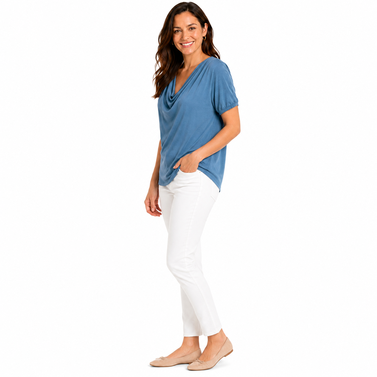 GREEN ENVELOPE-Short-sleeved blouse with draped collar from the Green Envelope Los Angeles brand,