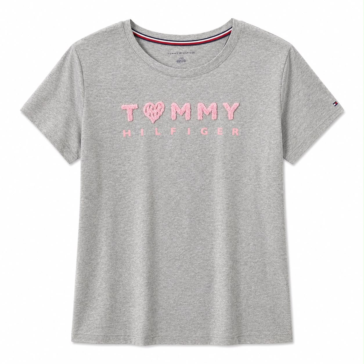 Tommy Hilfiger gray t-shirt features a pink embossed embroidered front logo