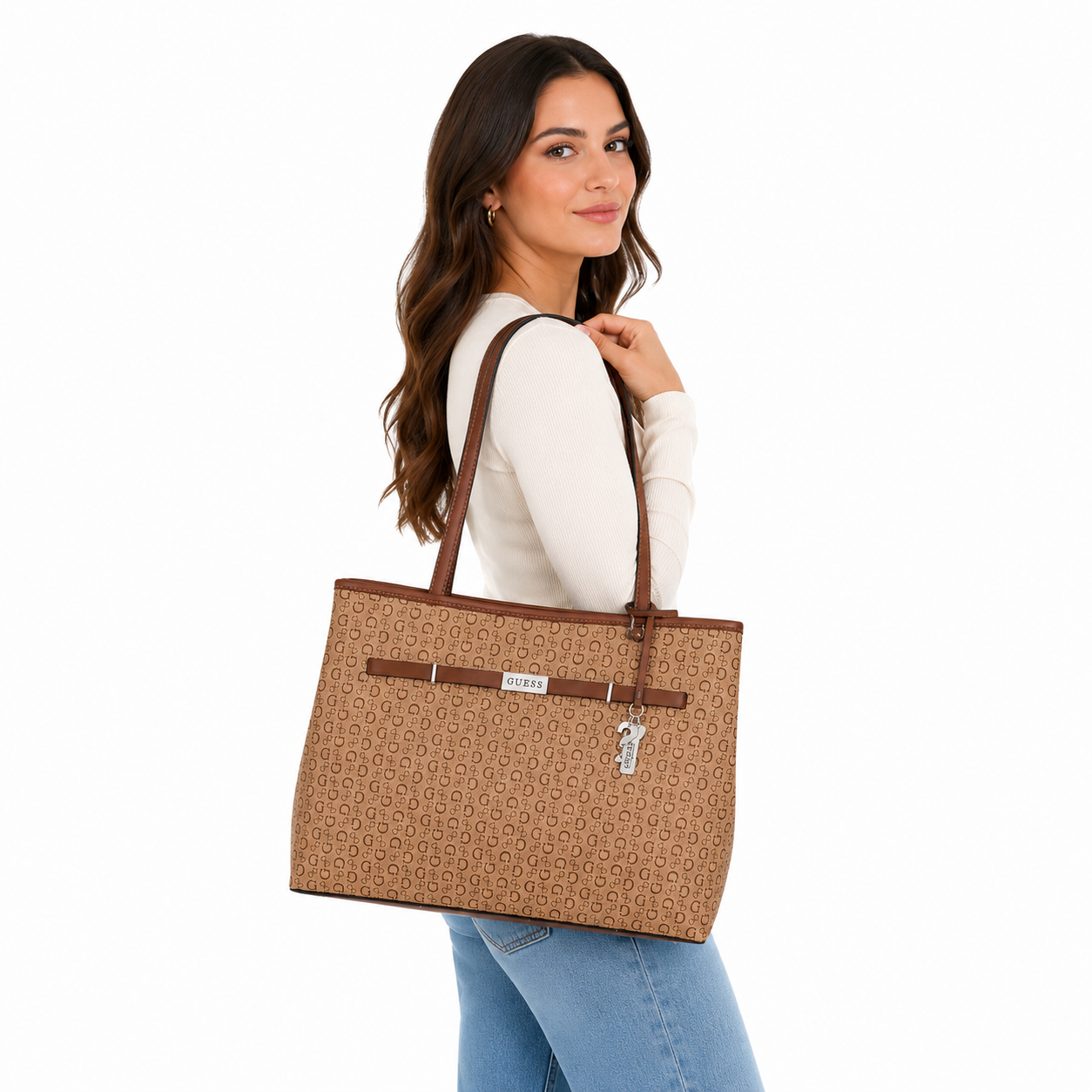 Guess Angelica Brown Women’s Snap Button Printed Shoulder Bag