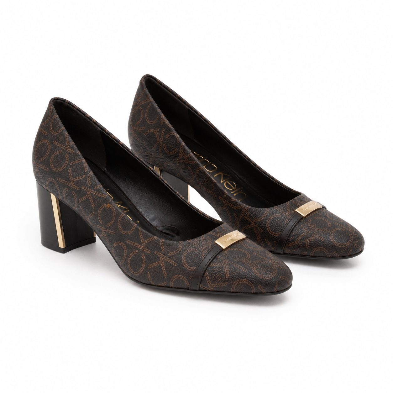 Calvin Klein Unesta block heel pumps in a brown monogram patter