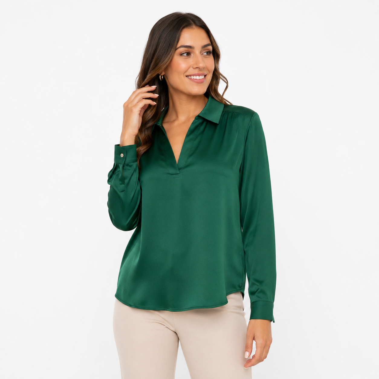 Jones New York Signature long-sleeve crepe popover blouse in emerald green