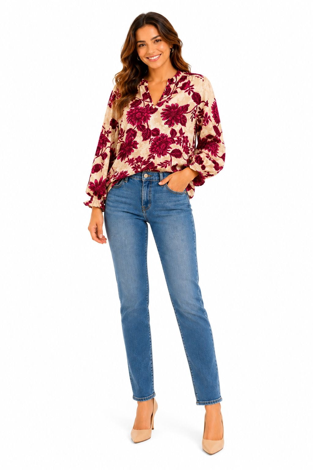 Cupio Floral Print Ruffle Neck Top