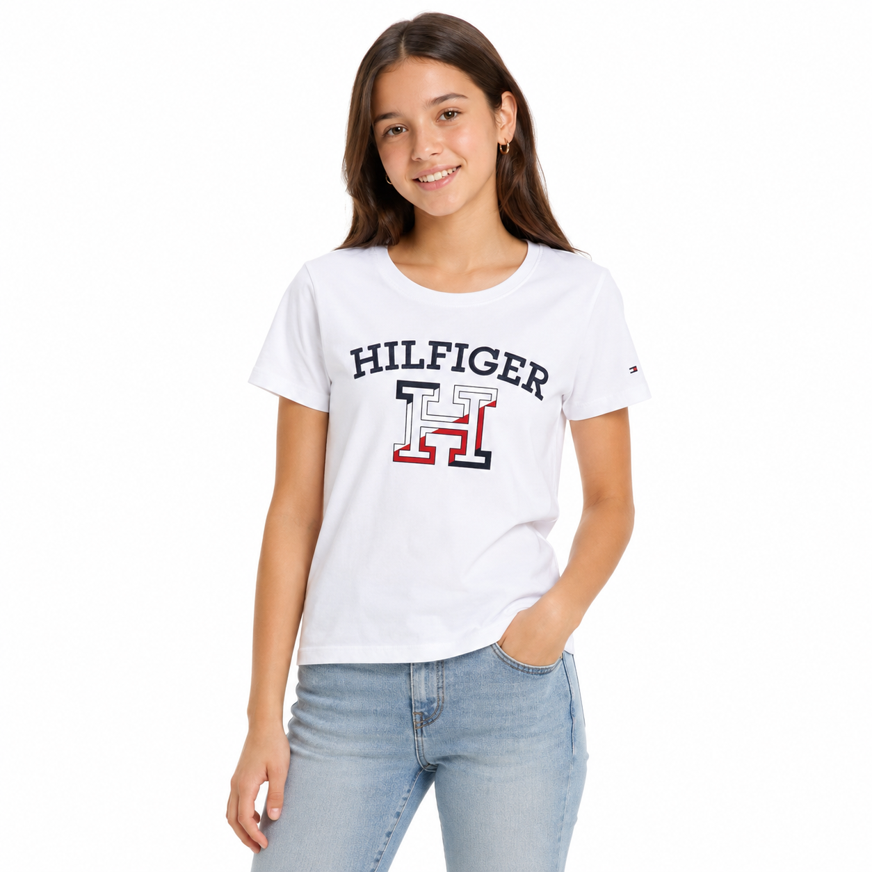 TOMMY HILFIGER-White cotton t-shirt with Tommy Hilfiger brand graphic