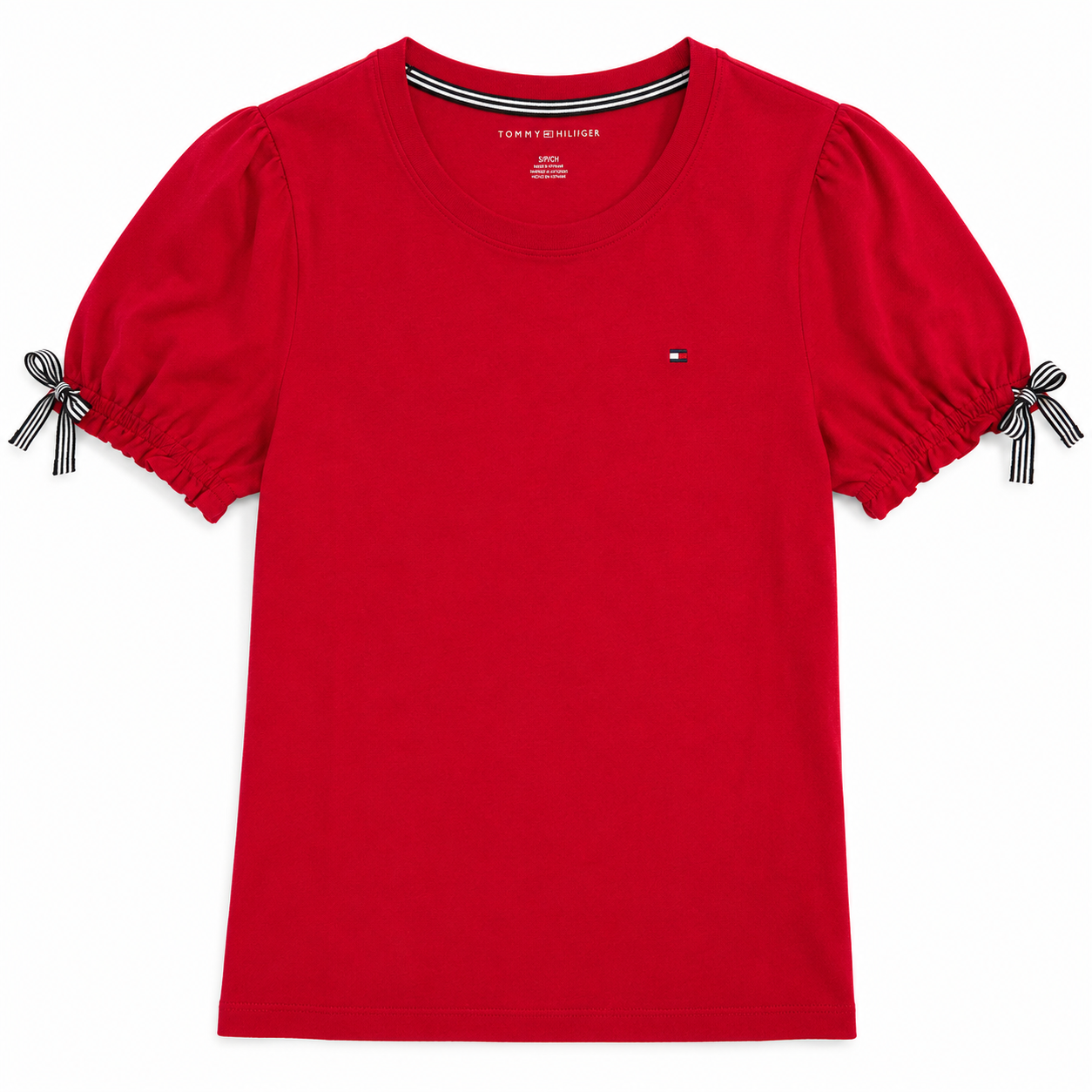 Tommy Hilfiger red t-shirt features puffy sleeves with striped bows