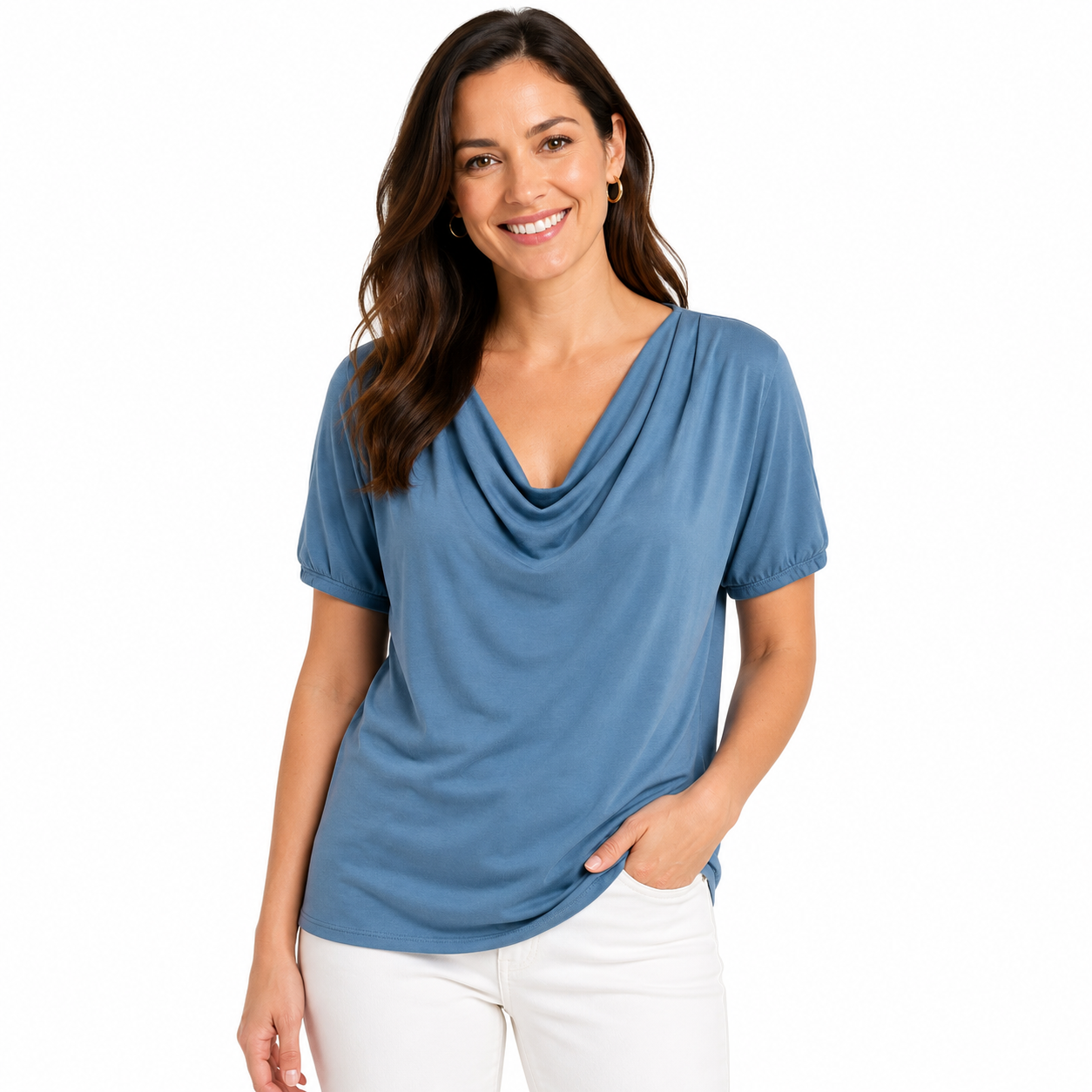 GREEN ENVELOPE-Short-sleeved blouse with draped collar from the Green Envelope Los Angeles brand,