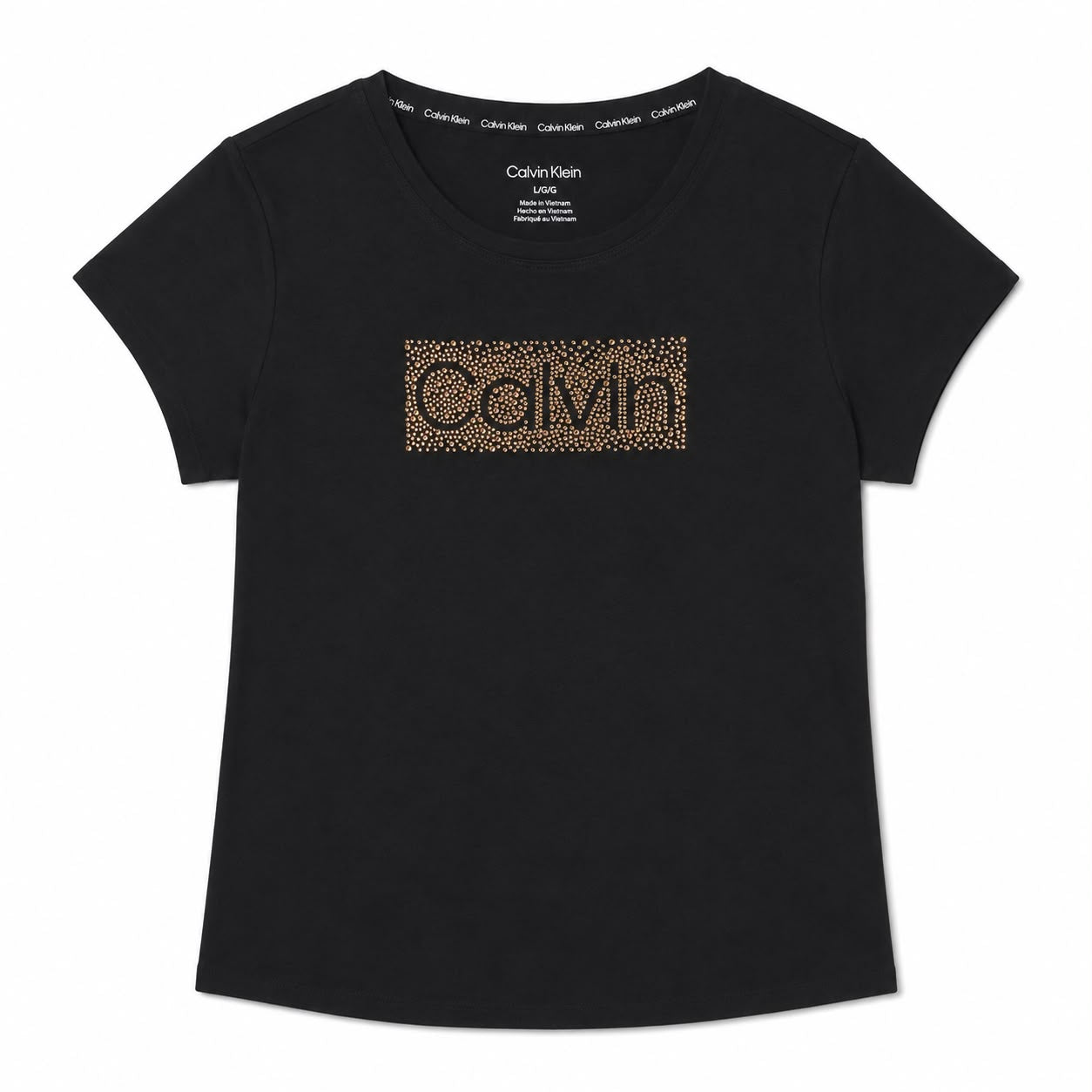 Calvin Klein black t-shirt features a front logo highlighted by bright details