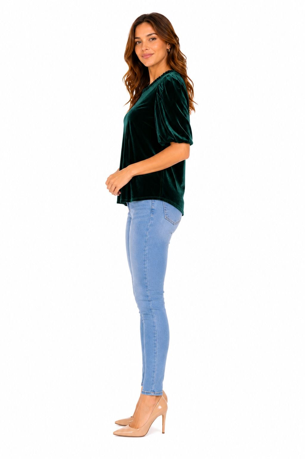 CeCe brand velvet blouse in an elegant emerald green tone