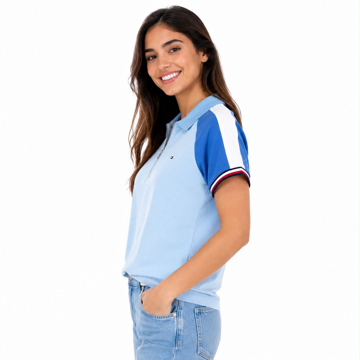 Tommy Hilfiger light blue polo shirt with zipper collar
