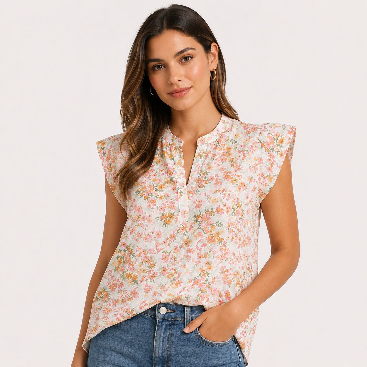 Cynthia Steffe Circle of Trust Alana sleeveless blouse in Orange Blossom print