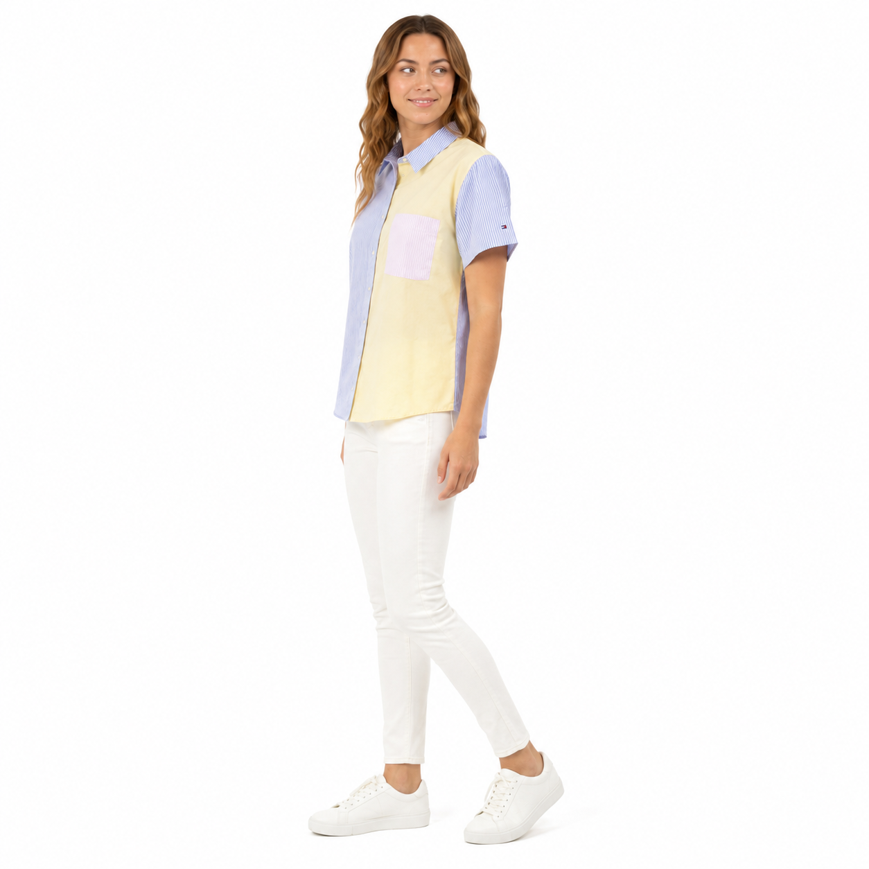 Tommy Hilfiger blouse with a classic cut with a striped design and color blocks.