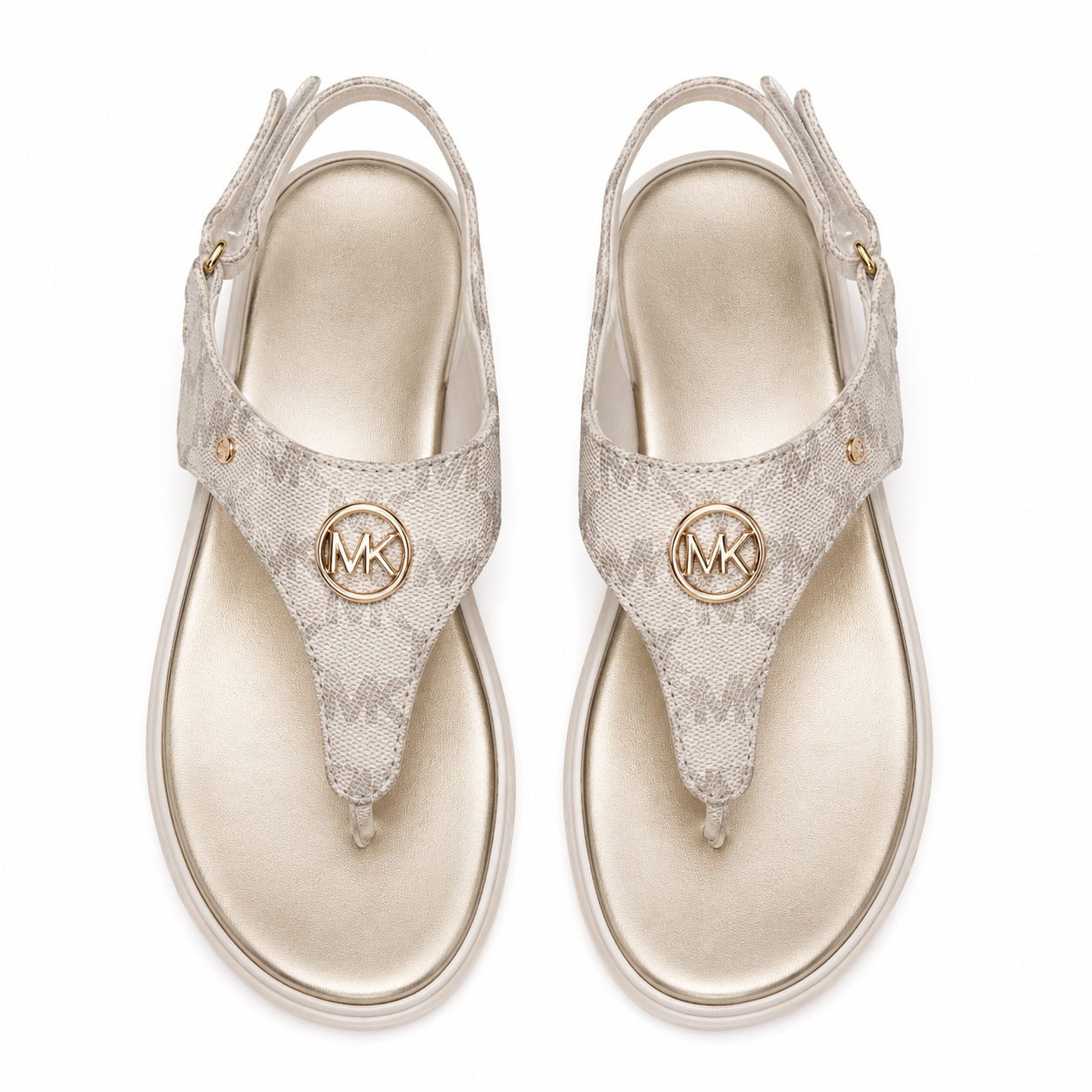 Michael Kors sandals model Val with logo print and golden metal plate.