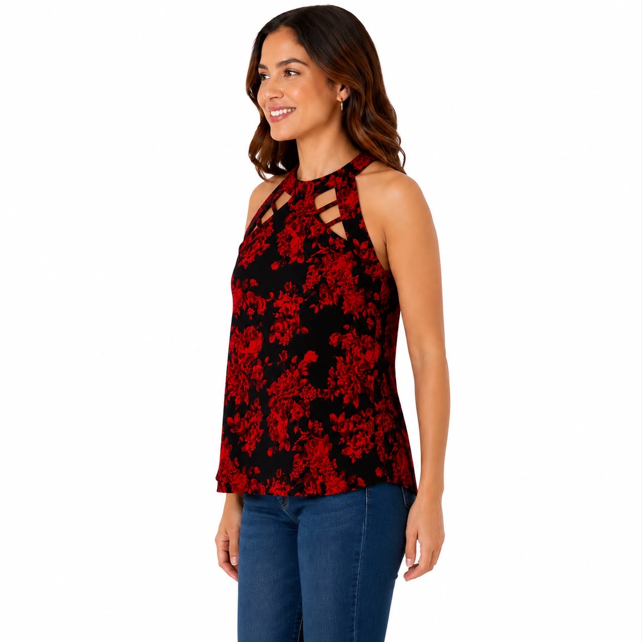 Diana Belle brand blouse presents a bold red floral print