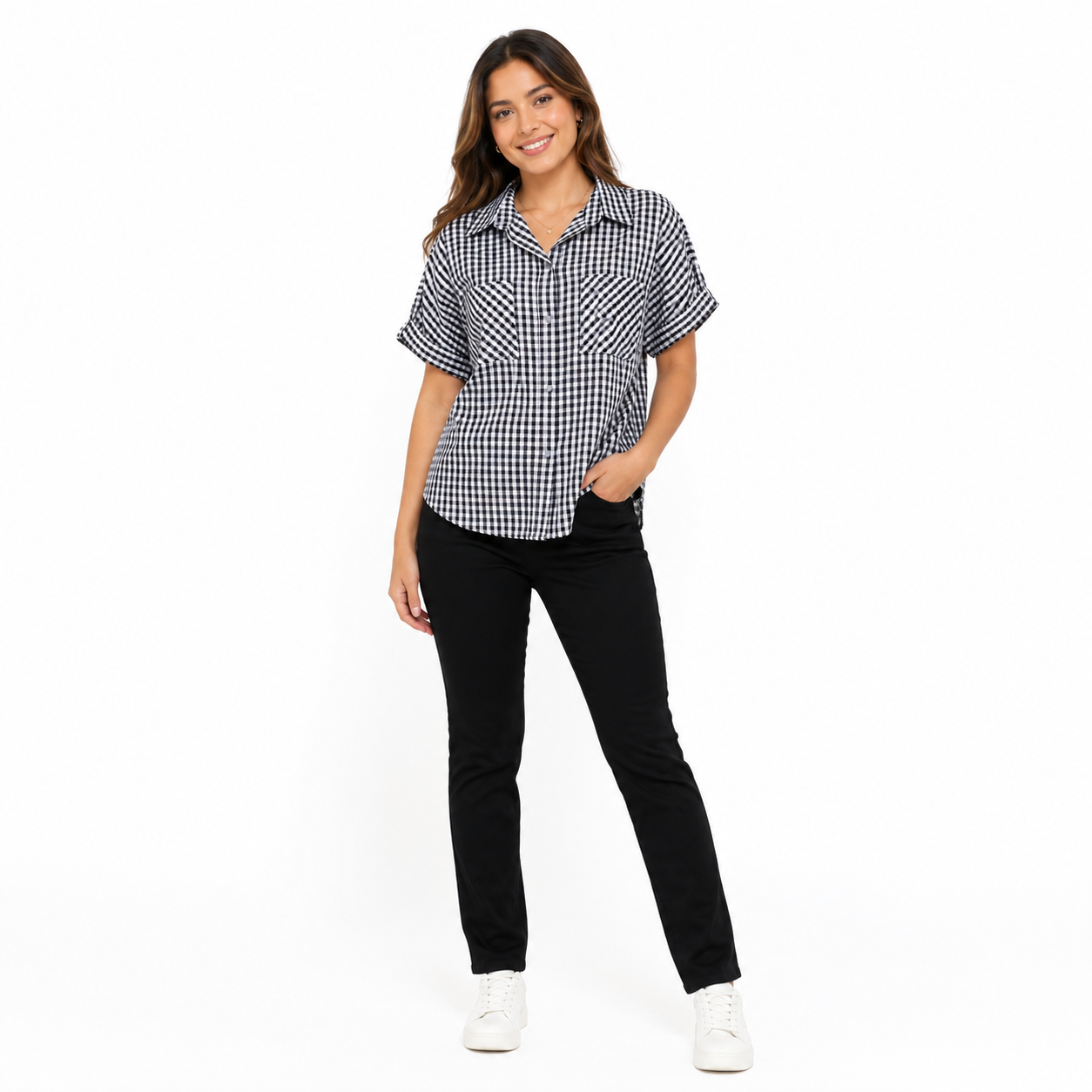 SIM &SAM-Casual shirt for women made of fabric with checkered pattern