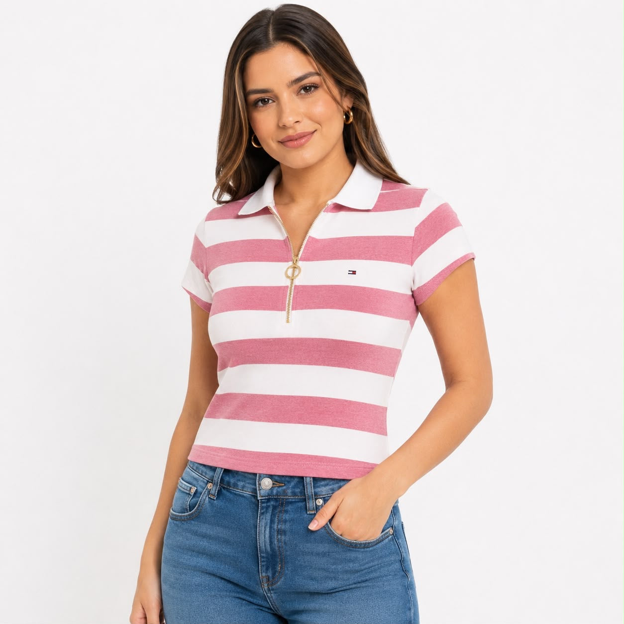 Tommy Hilfiger Slim Fit Rugby Stripe Zip Polo Women’s