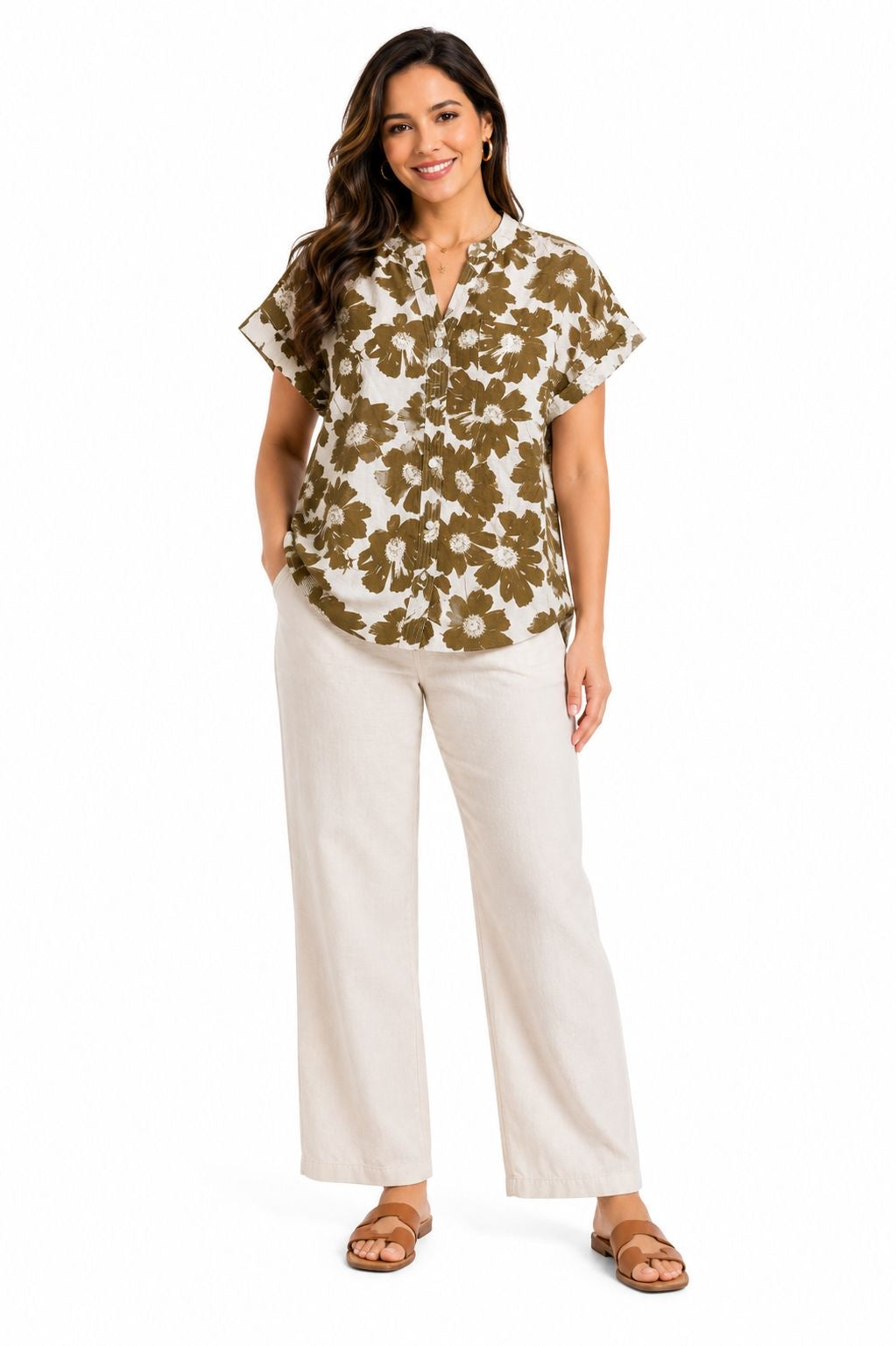 COMO BLU-Button blouse for women with floral print in olive green tones,