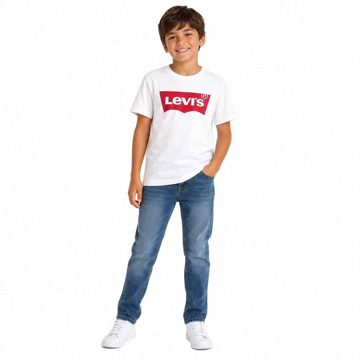 Levi's white short-sleeved t-shirt with the Batwing logo in red
