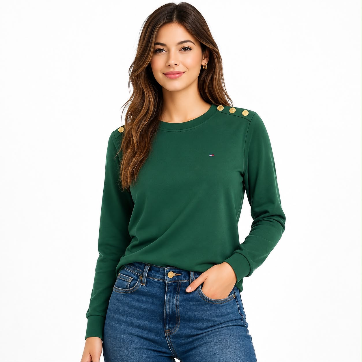 TOMMY HILFIGER-Gold-Button Crewneck T-Shirt