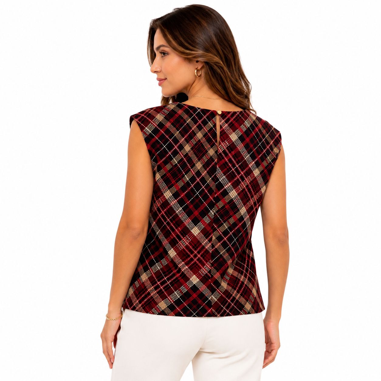 Calvin Klein sleeveless blouse features a red plaid pattern Women’s