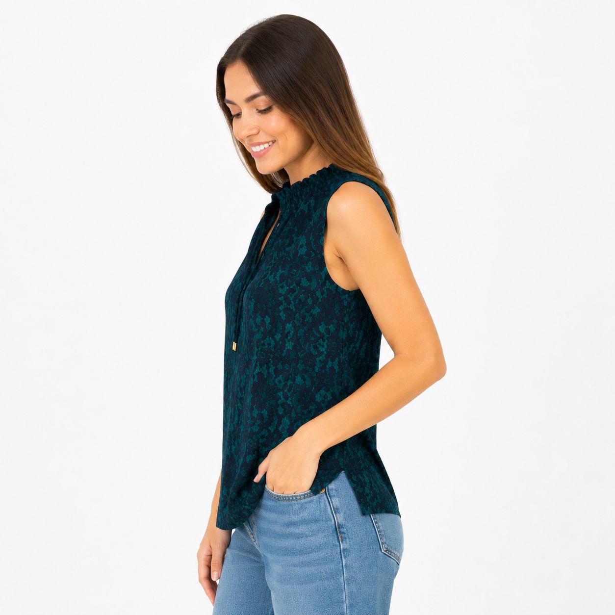 Michael Kors sleeveless blouse features a green lace print