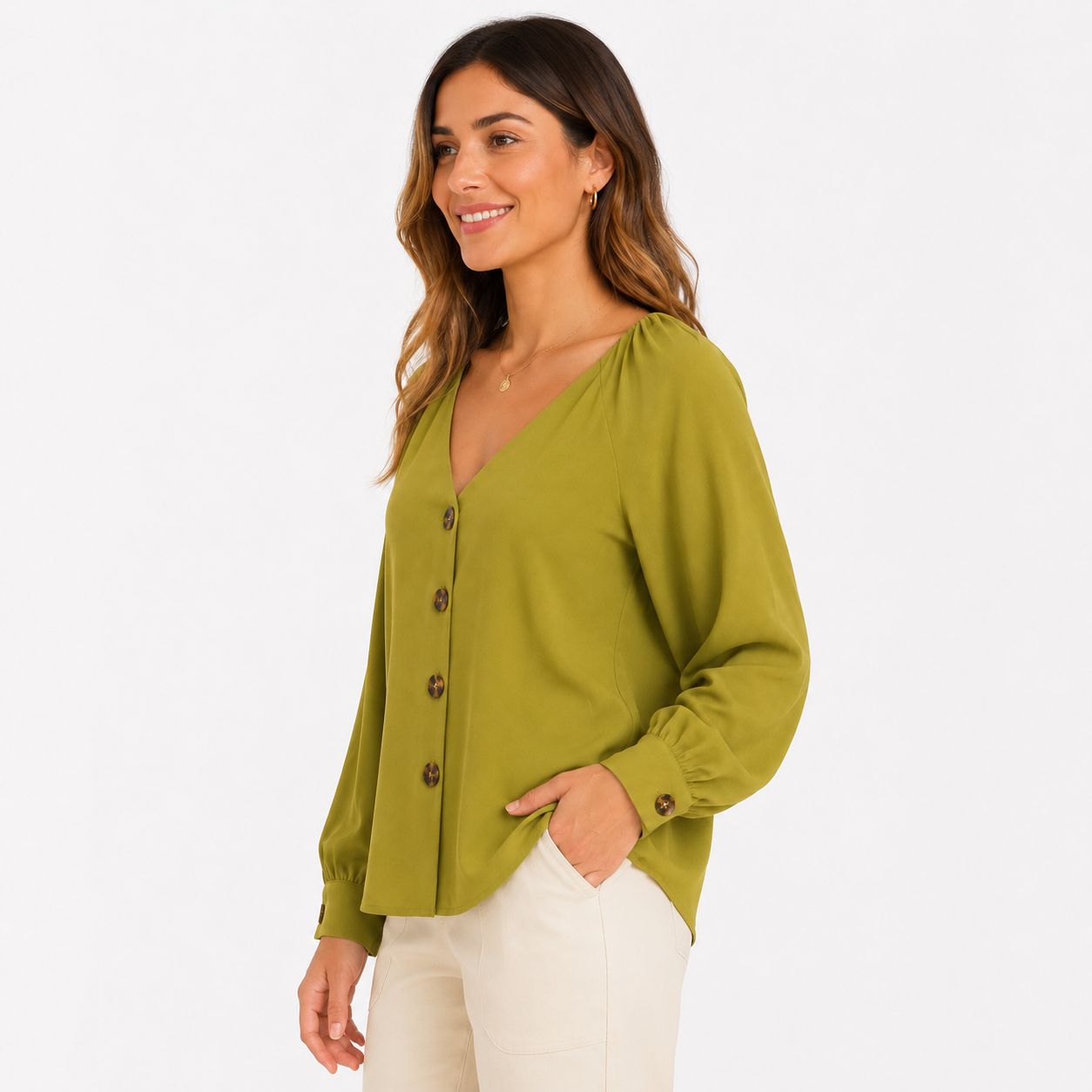 OLM Linen Button Up Blouse with Balloon Sleeves