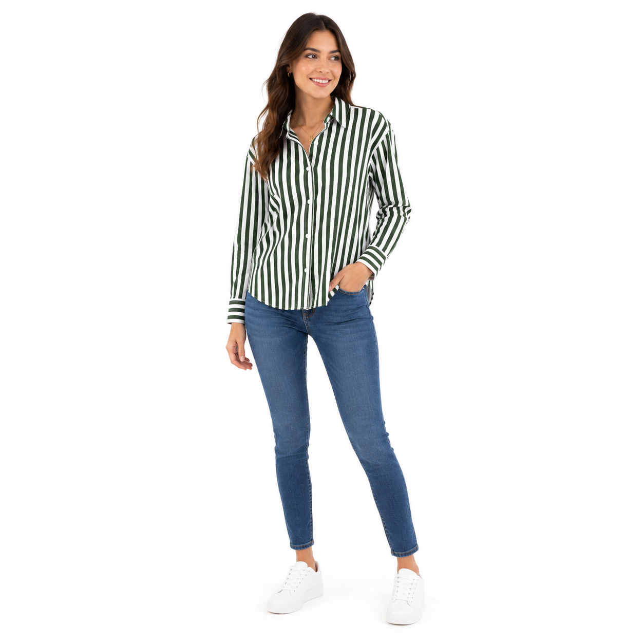 Zac & Rachel green and white striped shirt