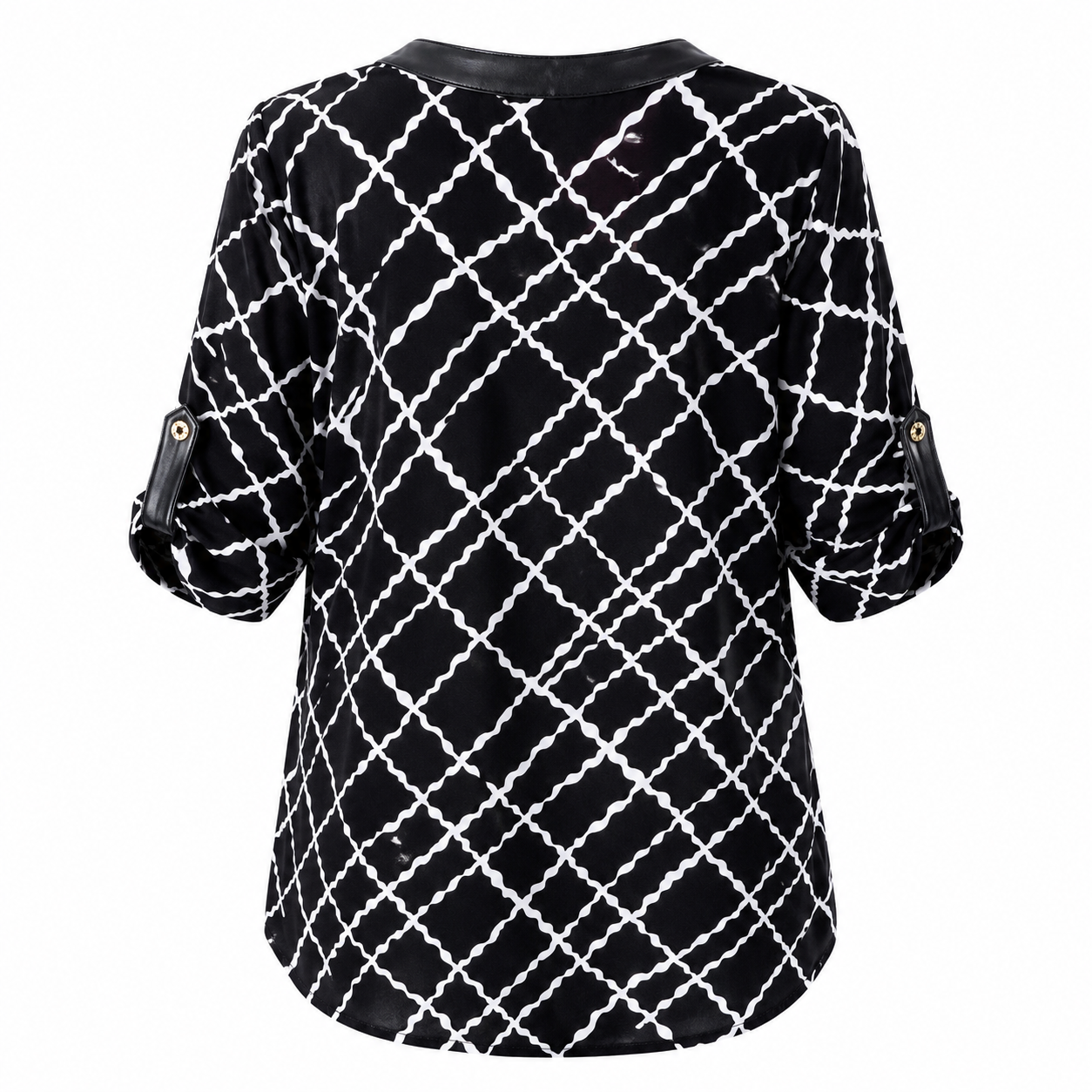 Anne Klein blouse has a geometric design in black and white