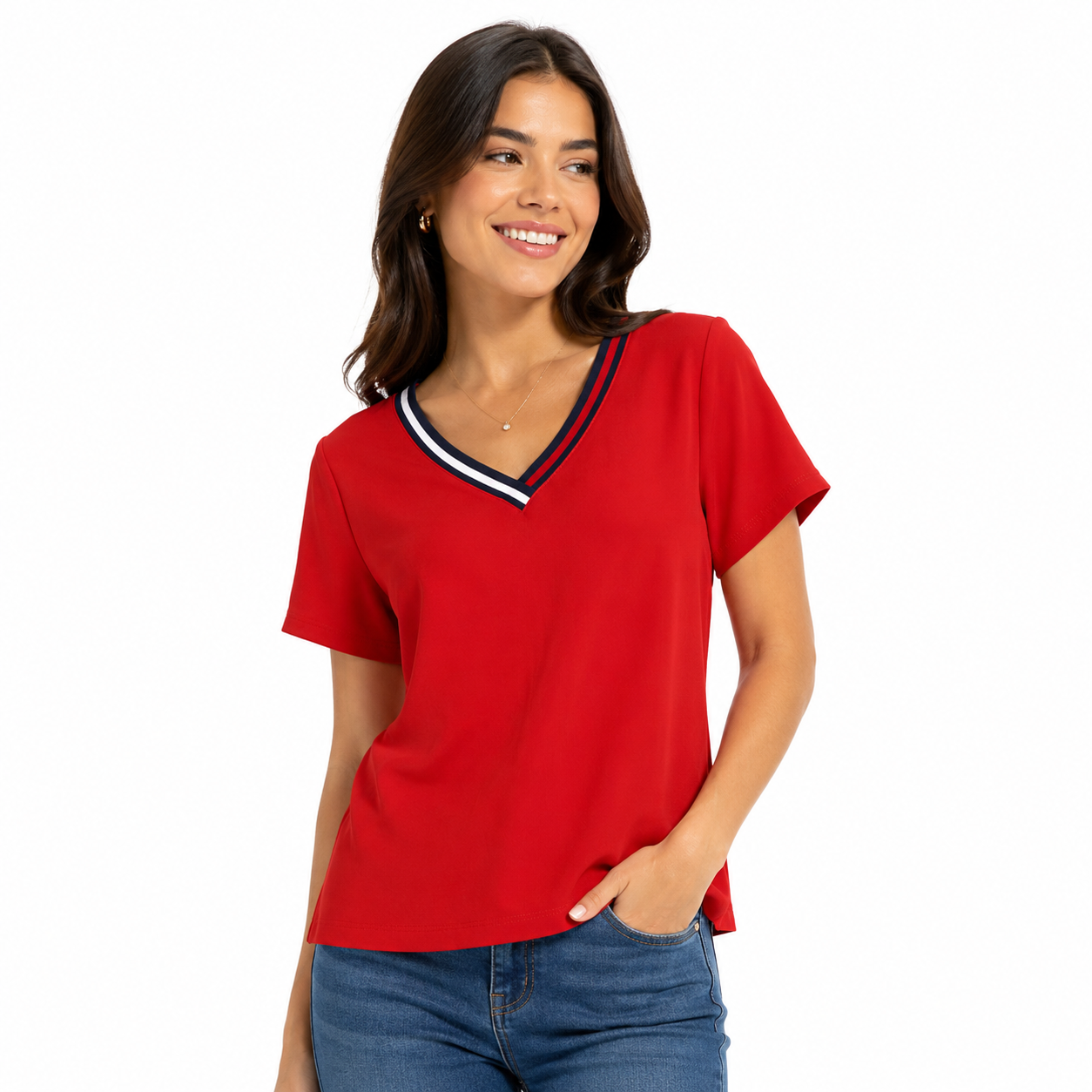 Tommy Hilfiger Women Red V-Neck Cotton T-Shirt