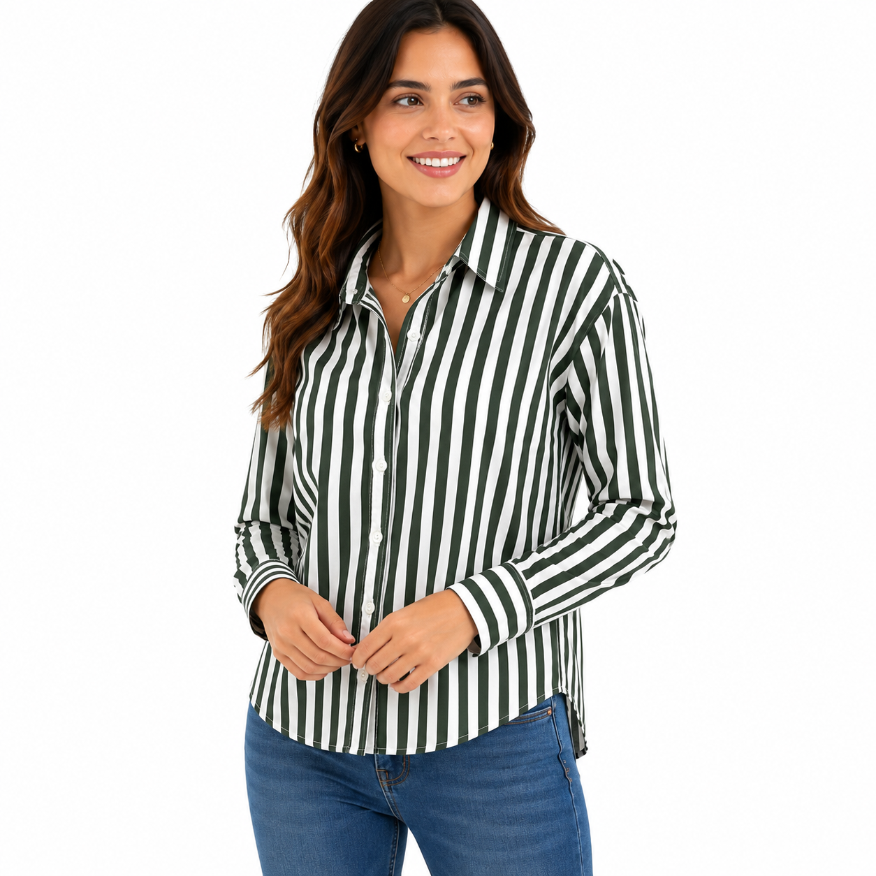 Zac & Rachel green and white striped shirt