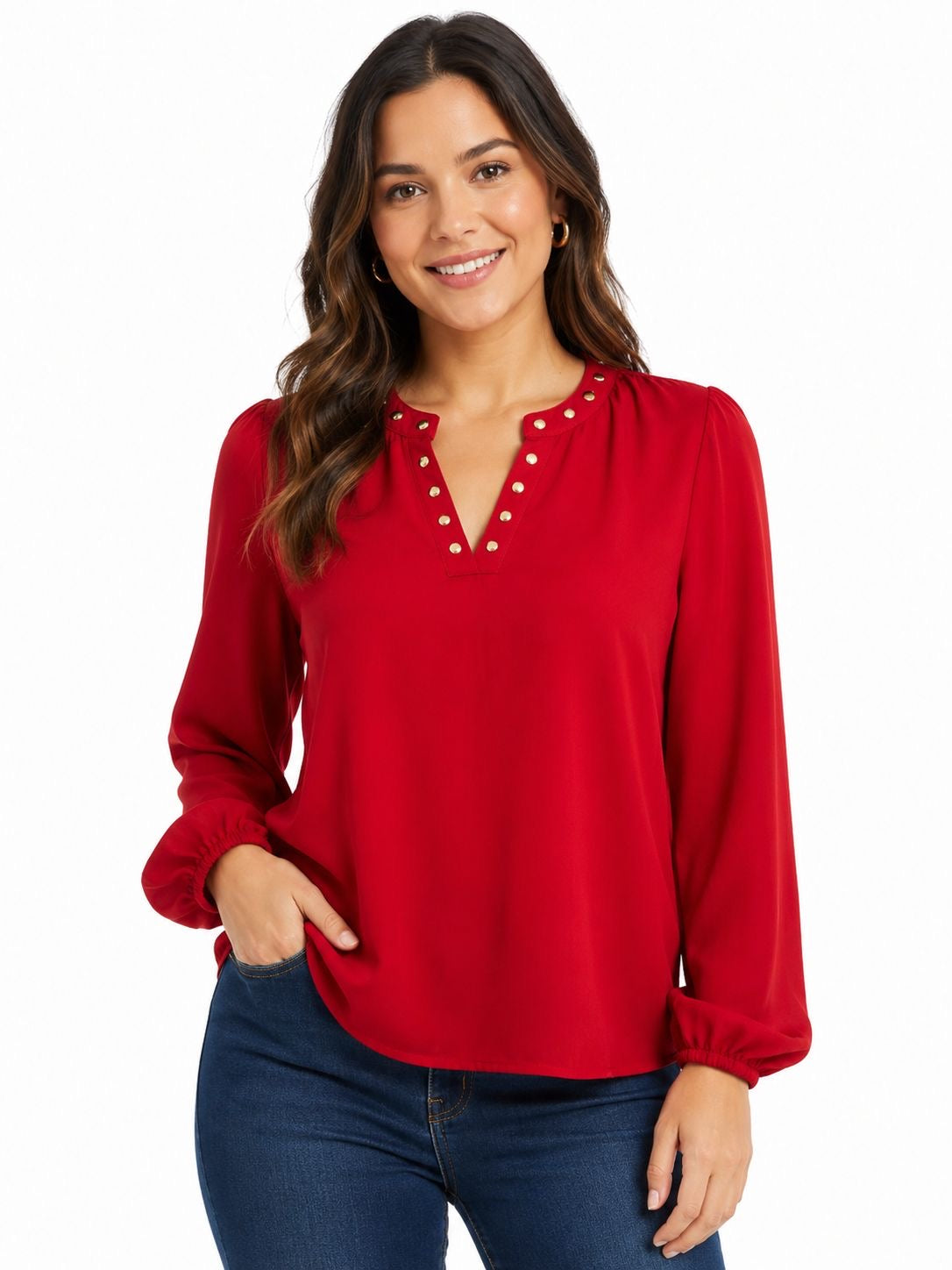 MICHAEL KORS-Red long-sleeved blouse with golden stoperoles details