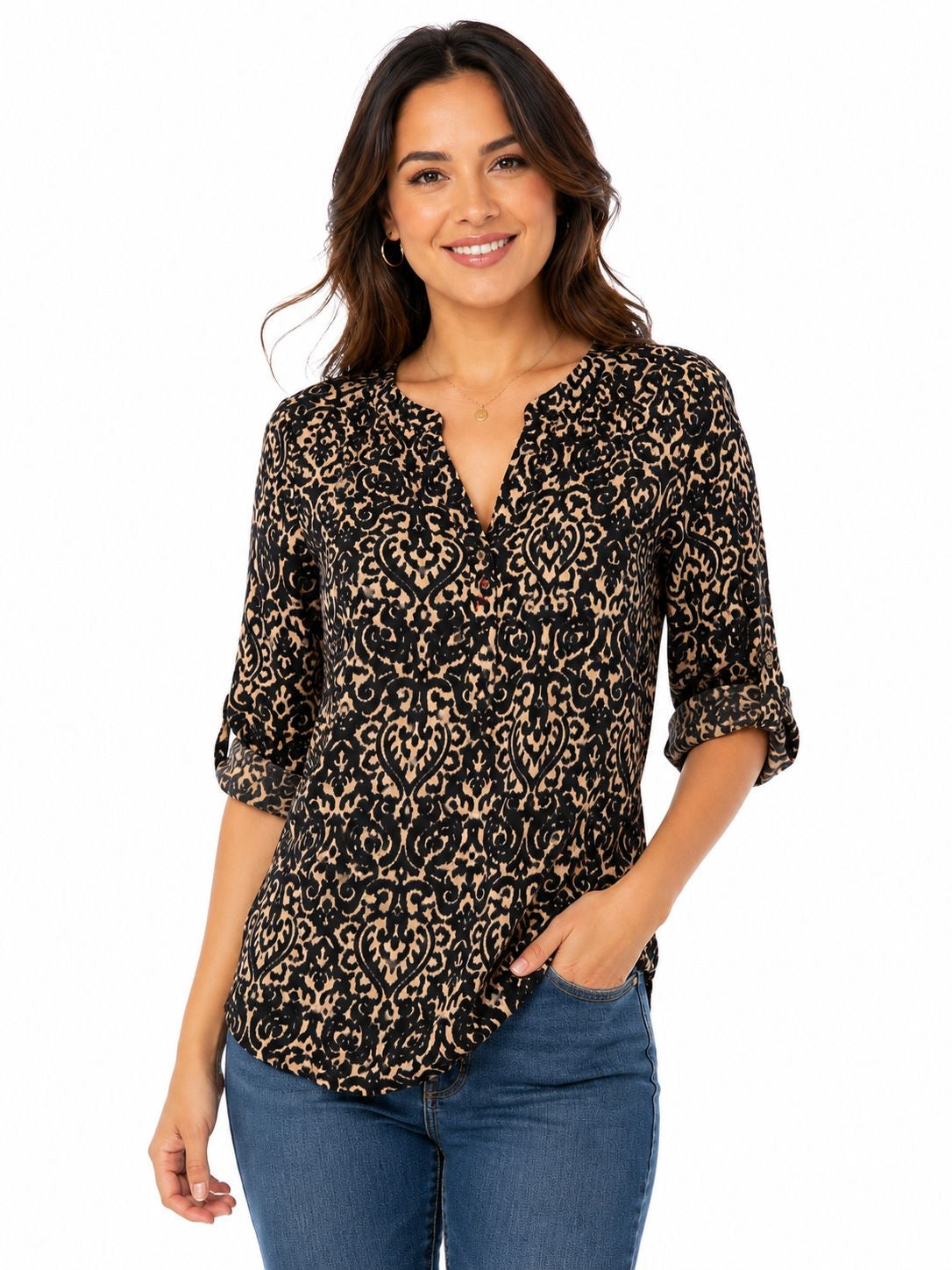 Emily Daniels blouse with damask print in black and beige tones