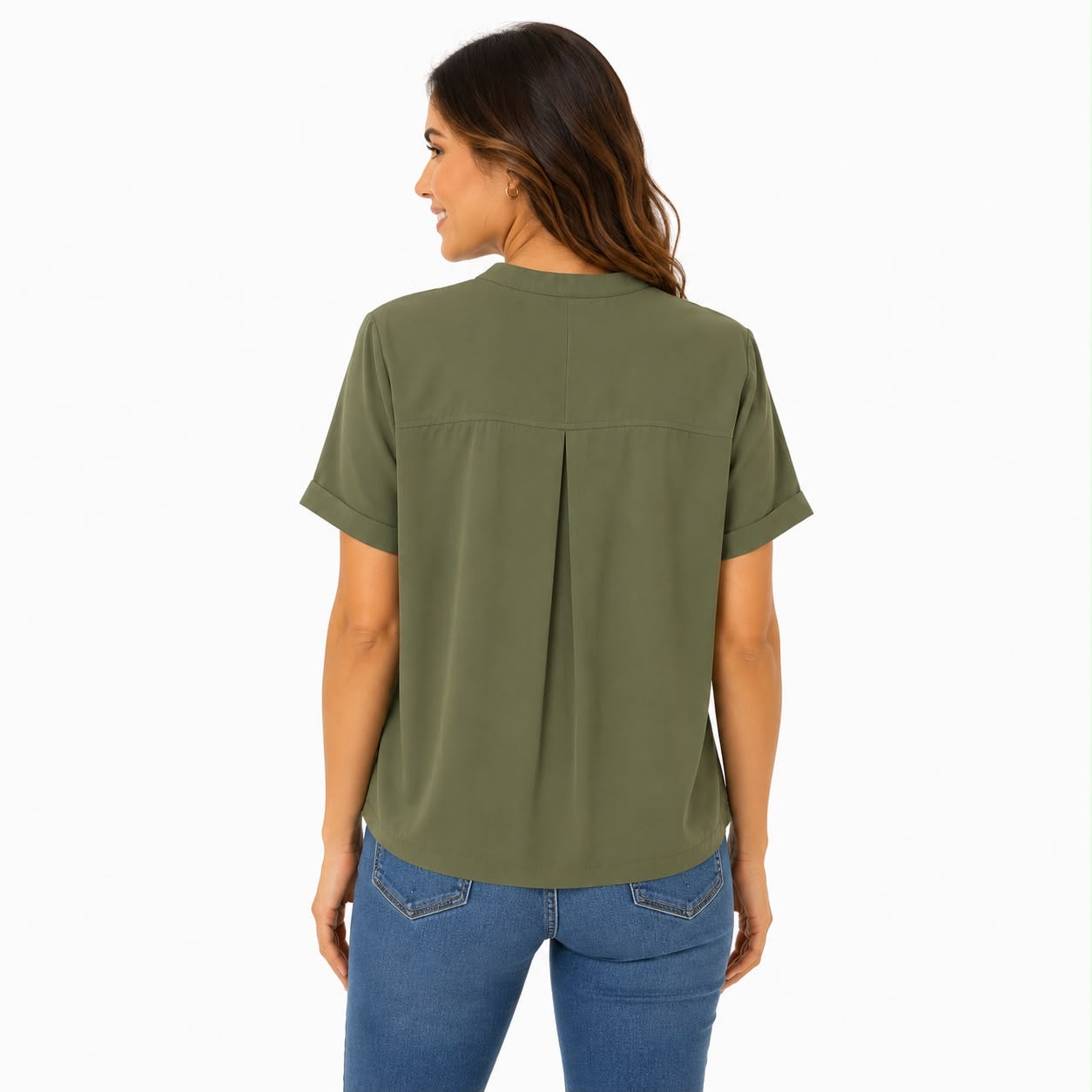 Premise olive green blouse features an elegant design with split V-neck